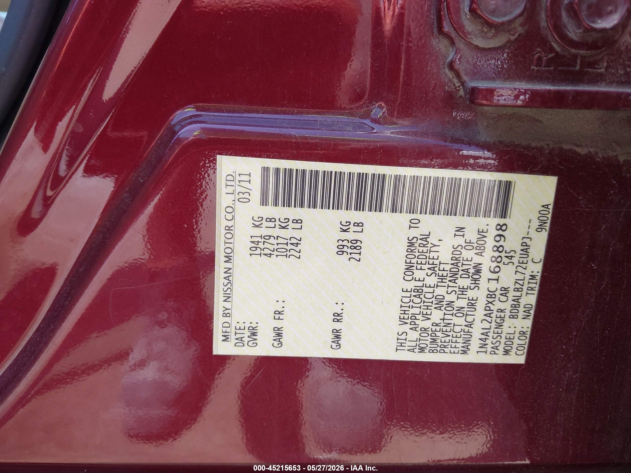 2011 Nissan Altima 2.5 S Burgundy vin: 1N4AL2APXBC168898
