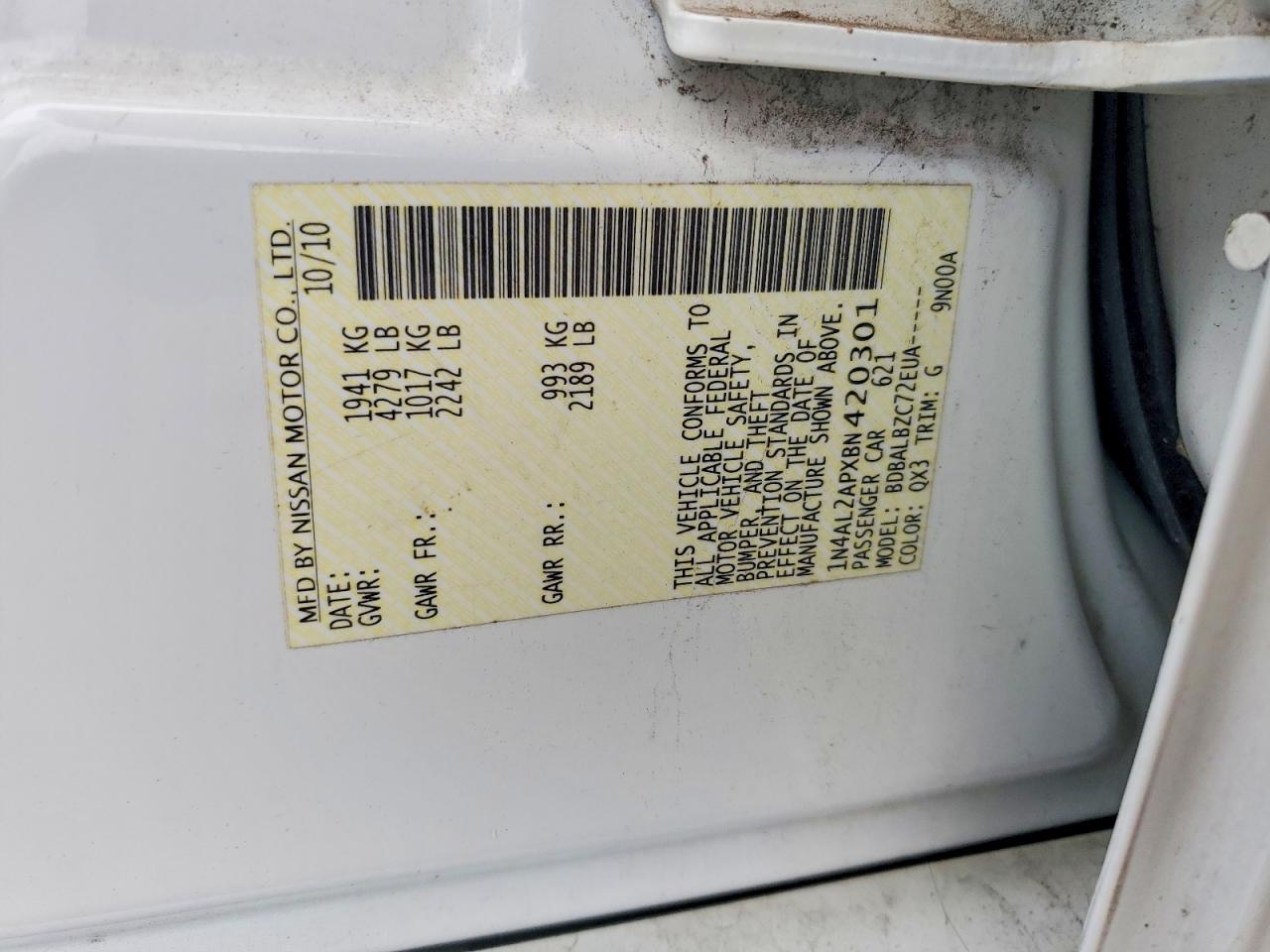 2011 Nissan Altima 2.5 White vin: 1N4AL2APXBN420301