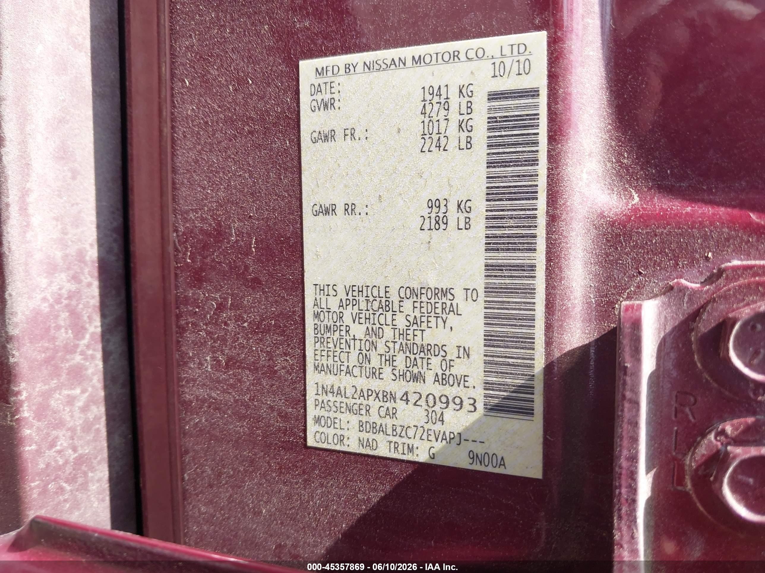 2011 Nissan Altima 2.5 S Maroon vin: 1N4AL2APXBN420993