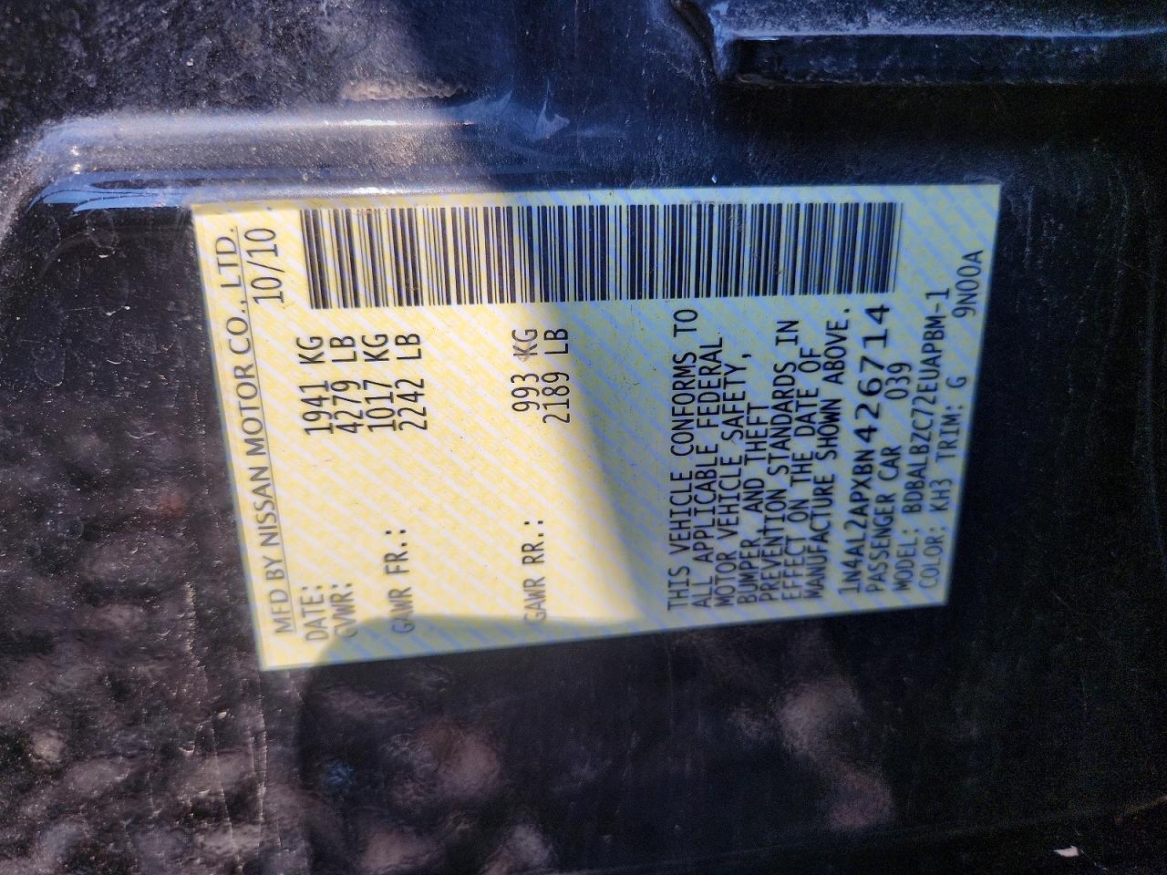 2011 Nissan Altima 2.5 Black vin: 1N4AL2APXBN426714