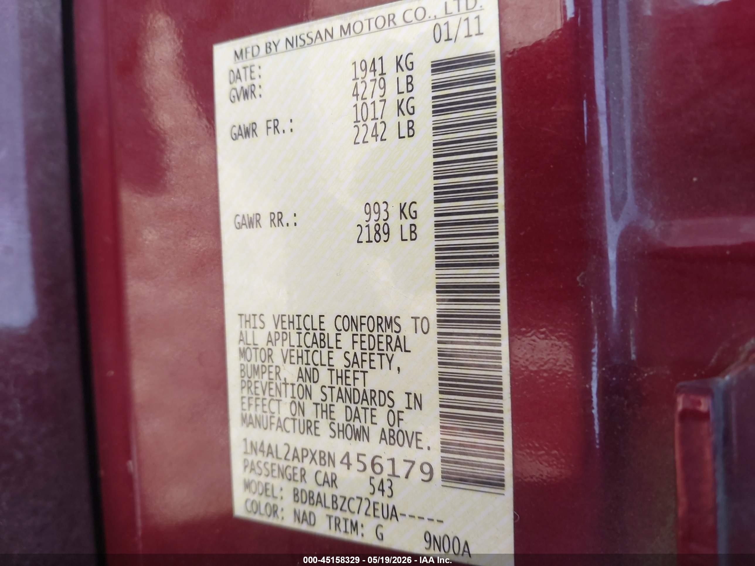 2011 Nissan Altima 2.5 S Burgundy vin: 1N4AL2APXBN456179