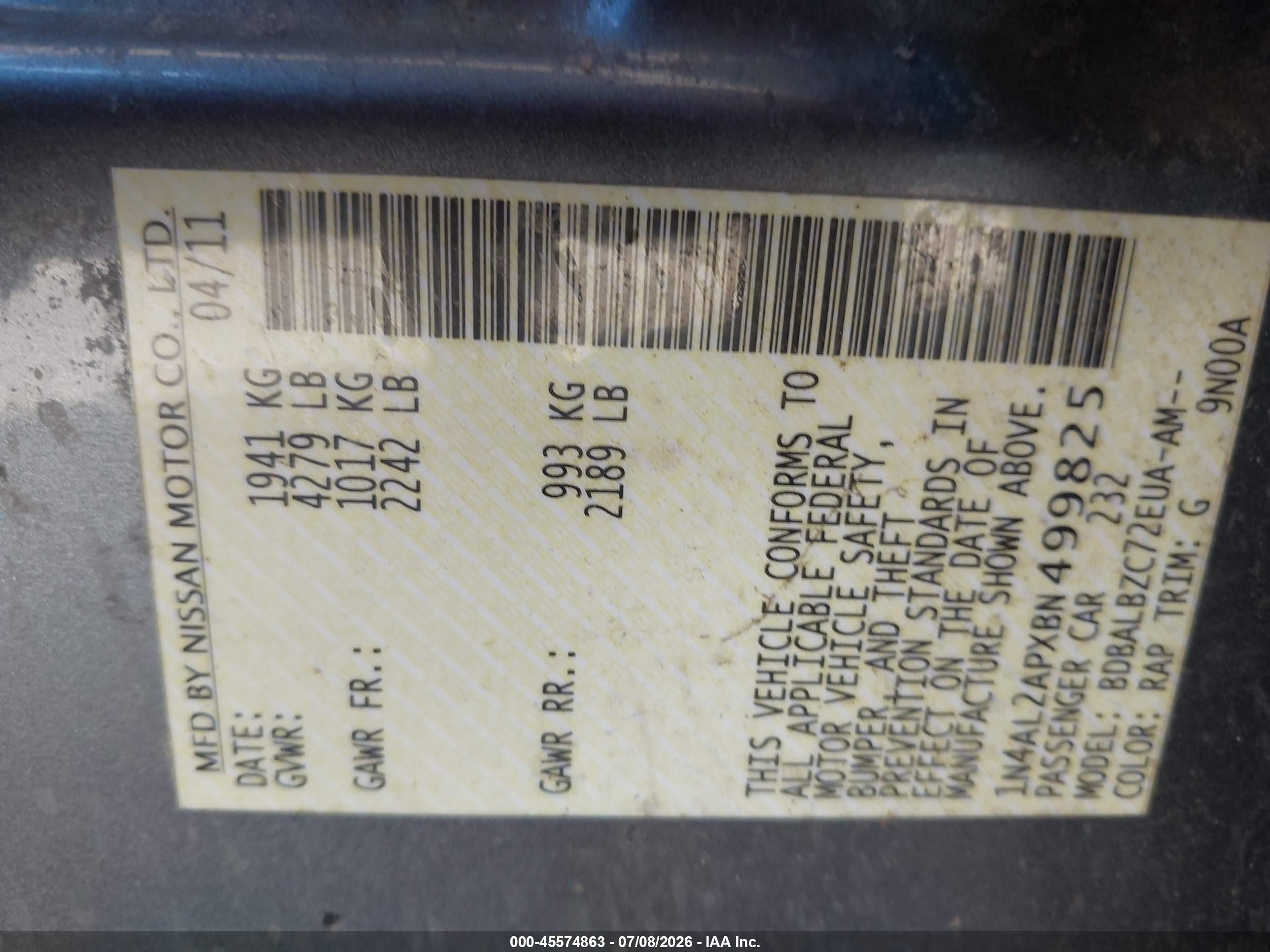 2011 Nissan Altima 2.5 S Silver vin: 1N4AL2APXBN499825