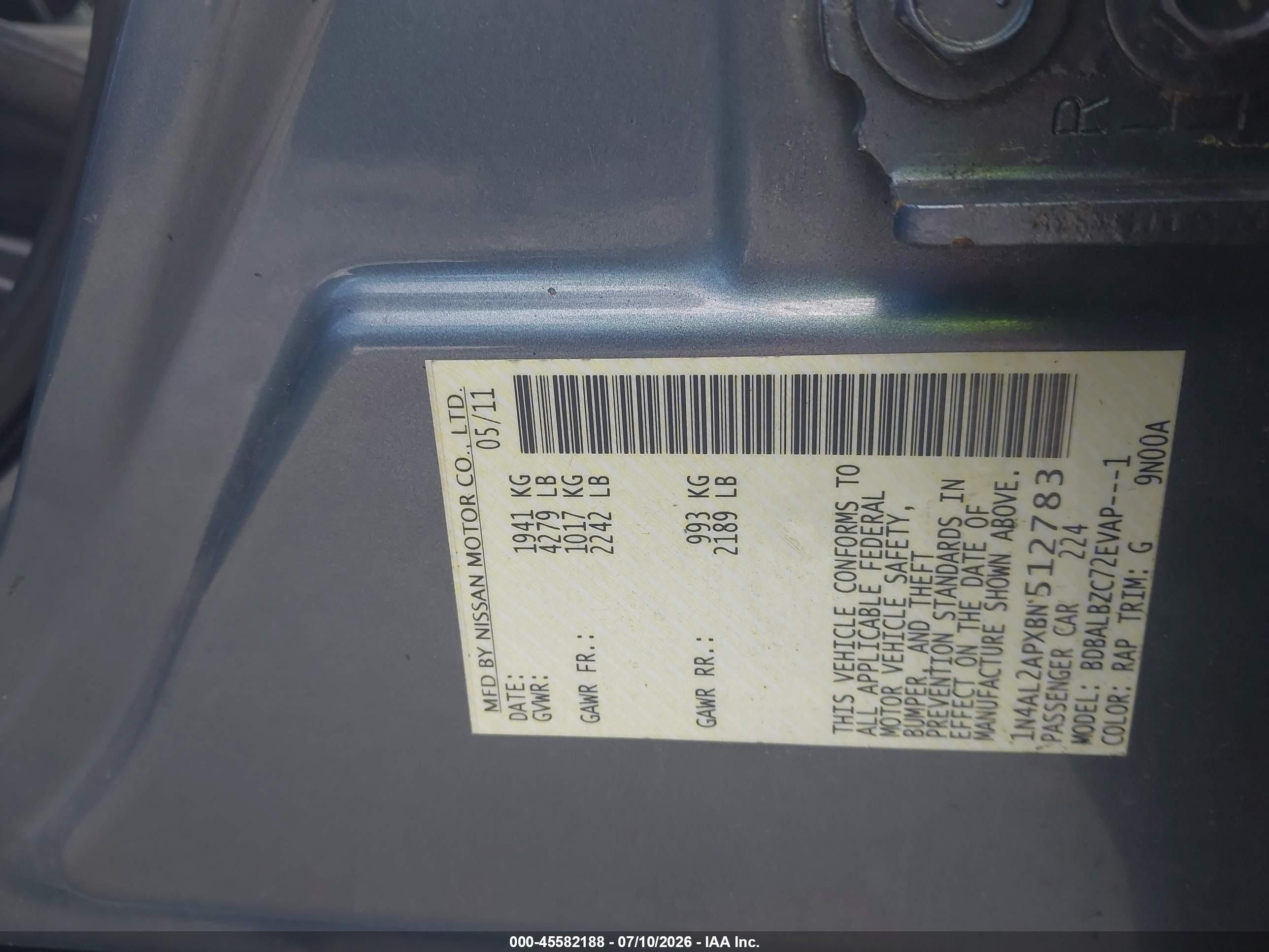 2011 Nissan Altima 2.5 S Silver vin: 1N4AL2APXBN512783