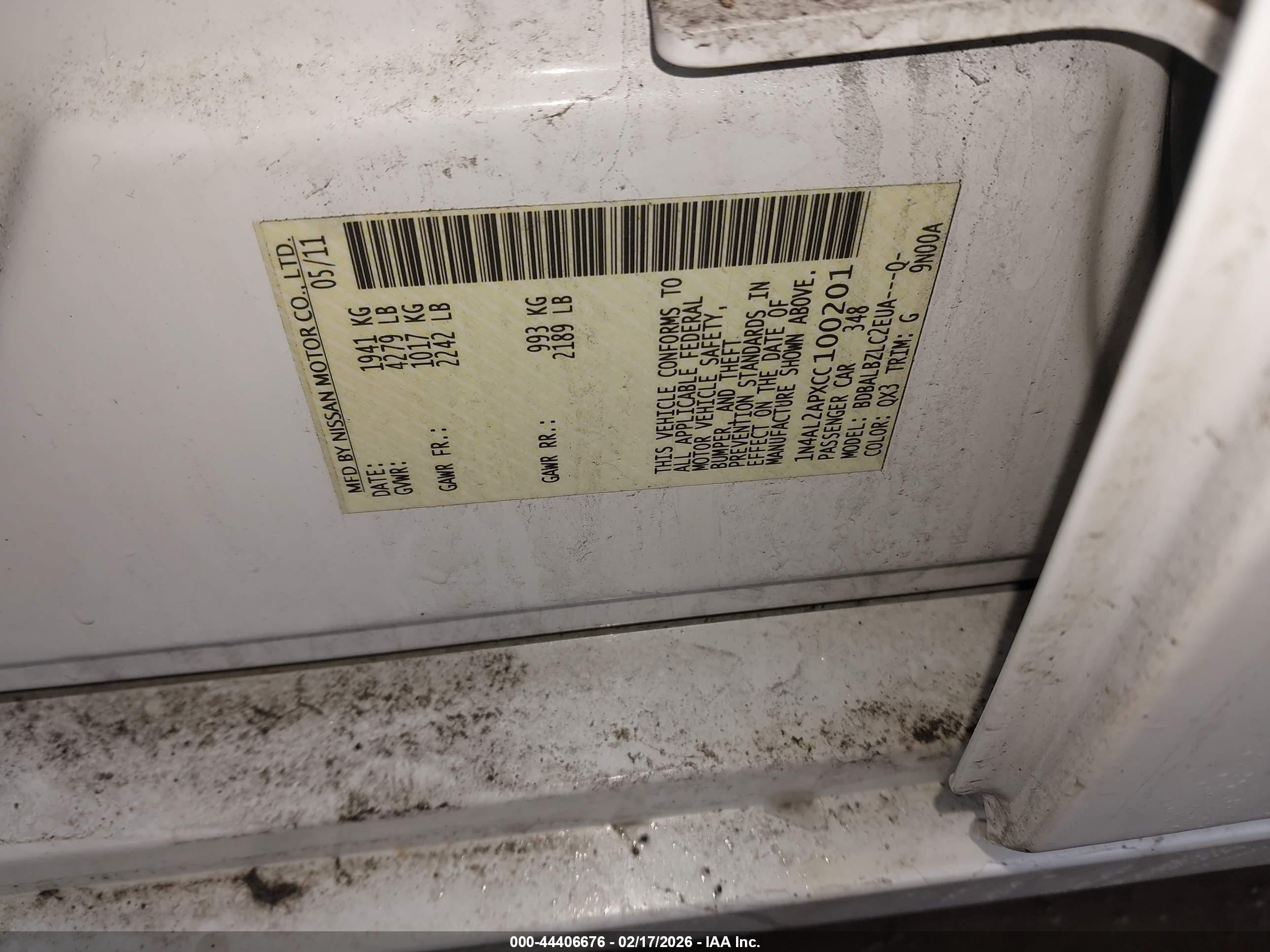 2012 Nissan Altima 2.5 S White vin: 1N4AL2APXCC100201