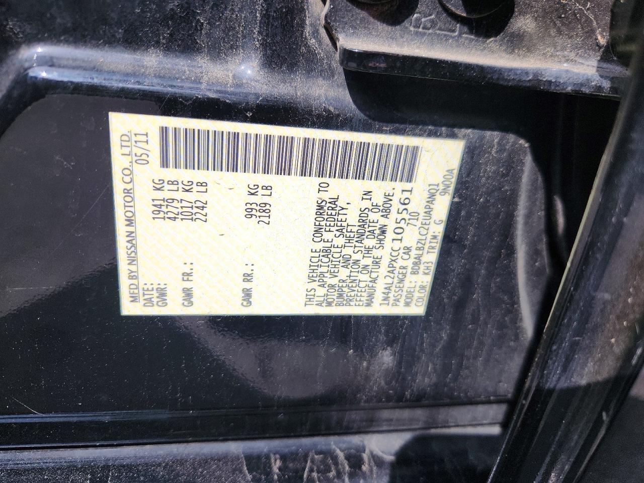 2012 Nissan Altima 2.5 Black vin: 1N4AL2APXCC105561