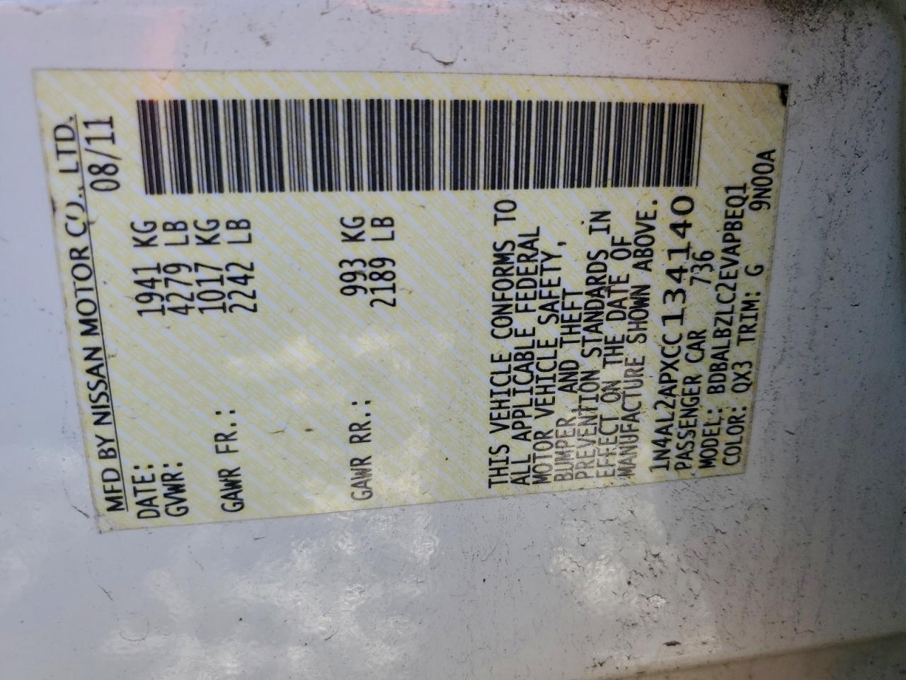 2012 Nissan Altima Base White vin: 1N4AL2APXCC134140