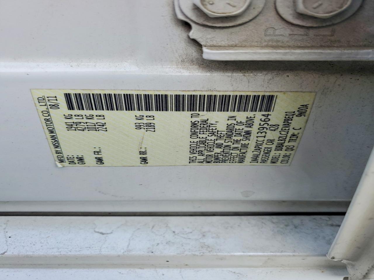 2012 Nissan Altima 2.5 White vin: 1N4AL2APXCC139564