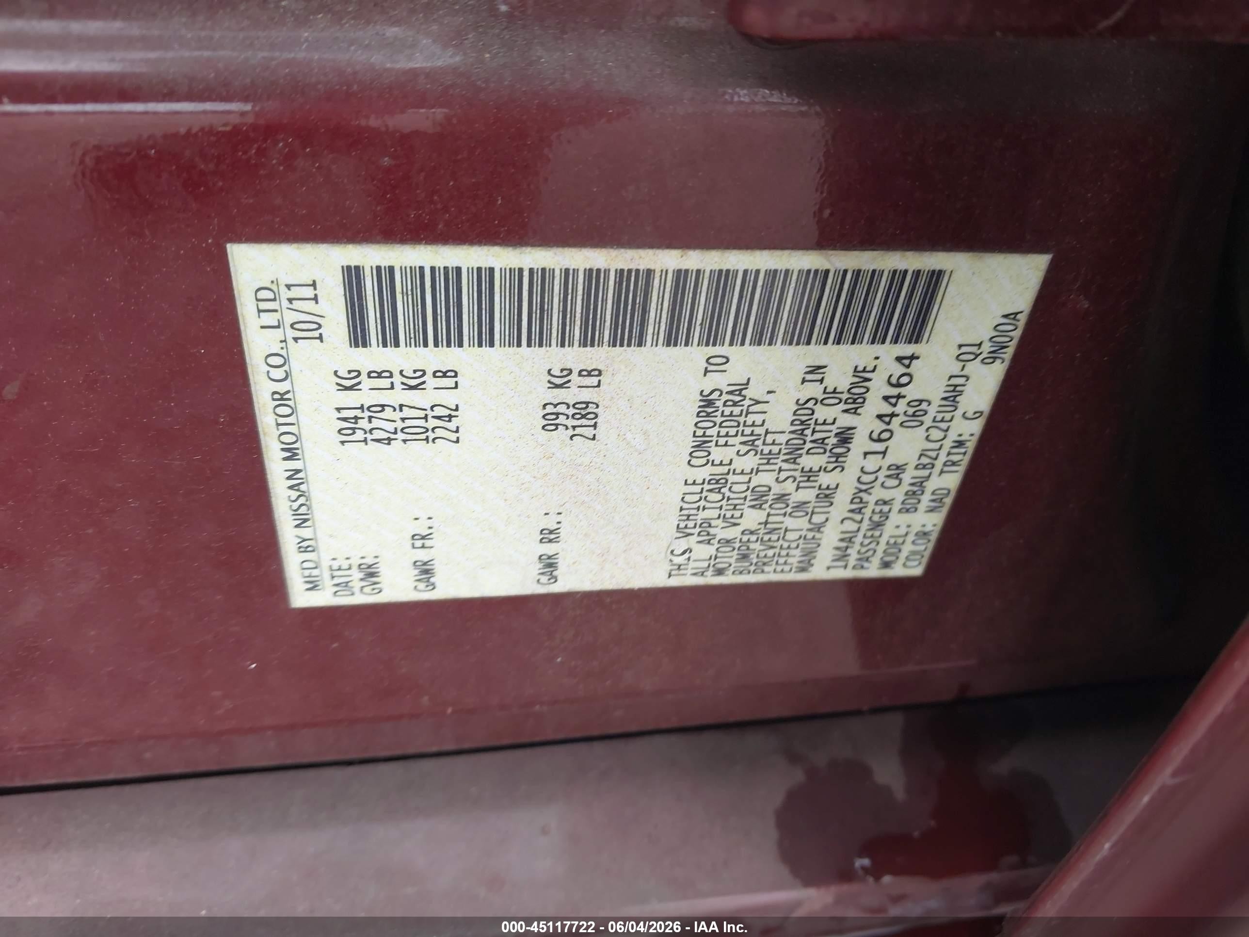 2012 Nissan Altima 2.5 S Maroon vin: 1N4AL2APXCC164464