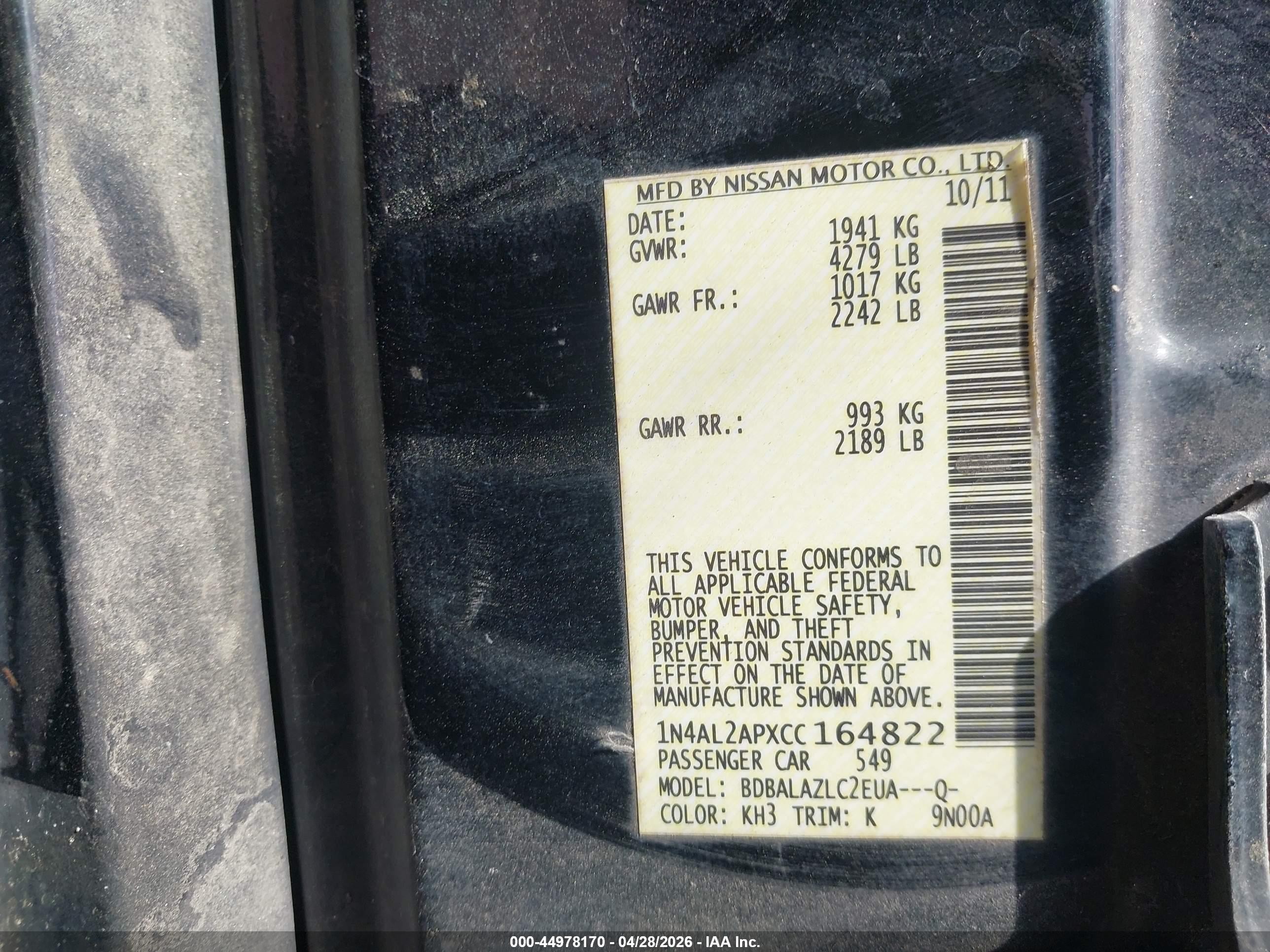 2012 Nissan Altima 2.5 Black vin: 1N4AL2APXCC164822