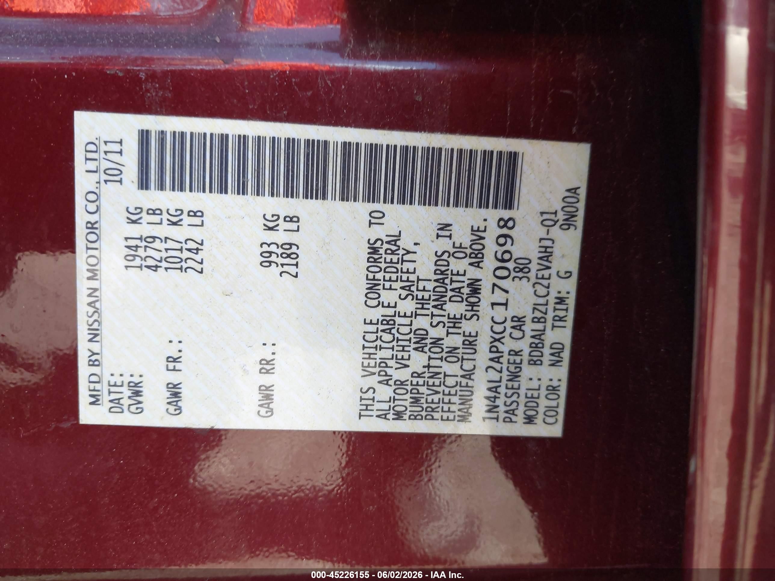 2012 Nissan Altima 2.5 S Red vin: 1N4AL2APXCC170698