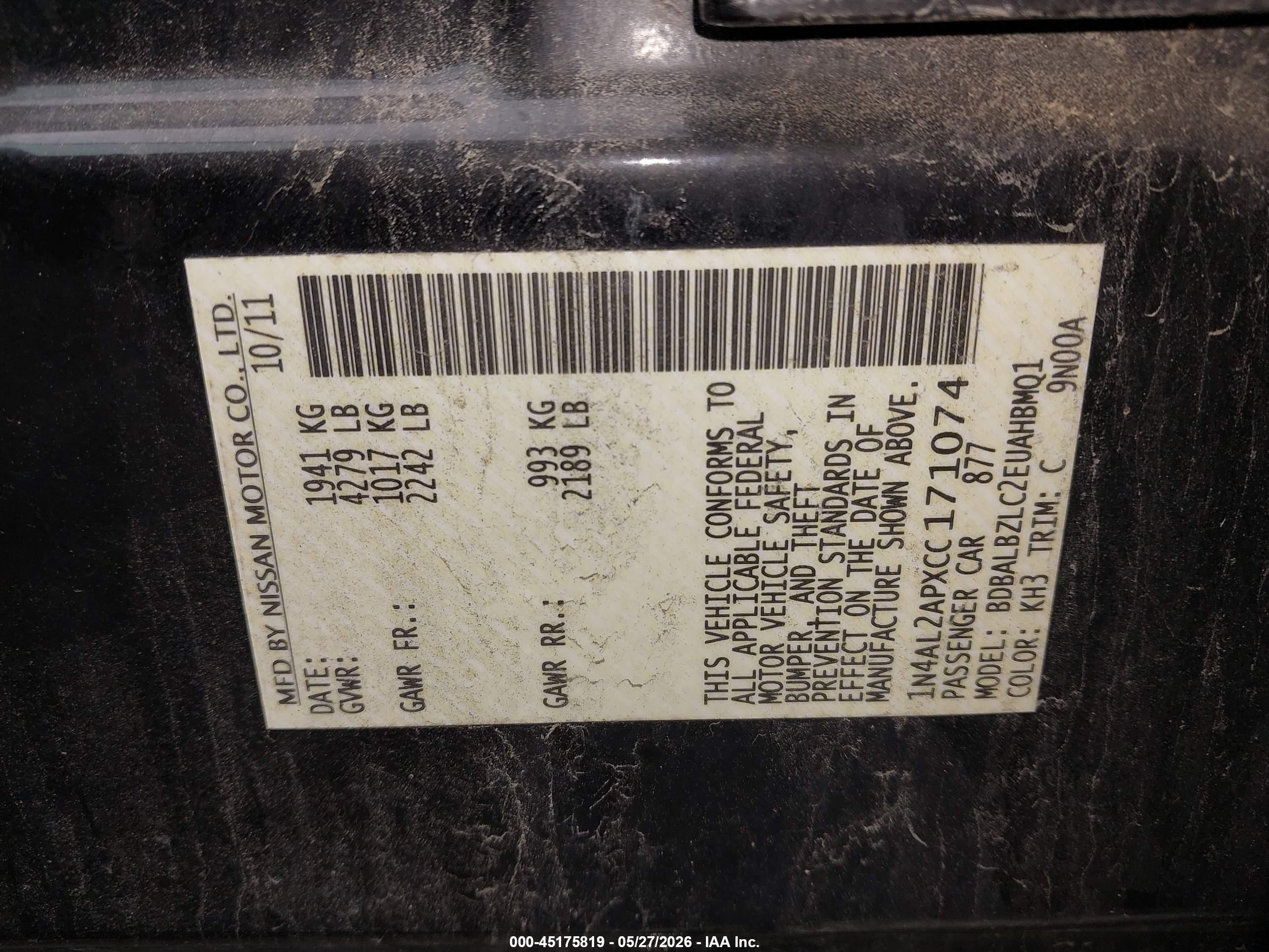 2012 Nissan Altima 2.5 S Black vin: 1N4AL2APXCC171074