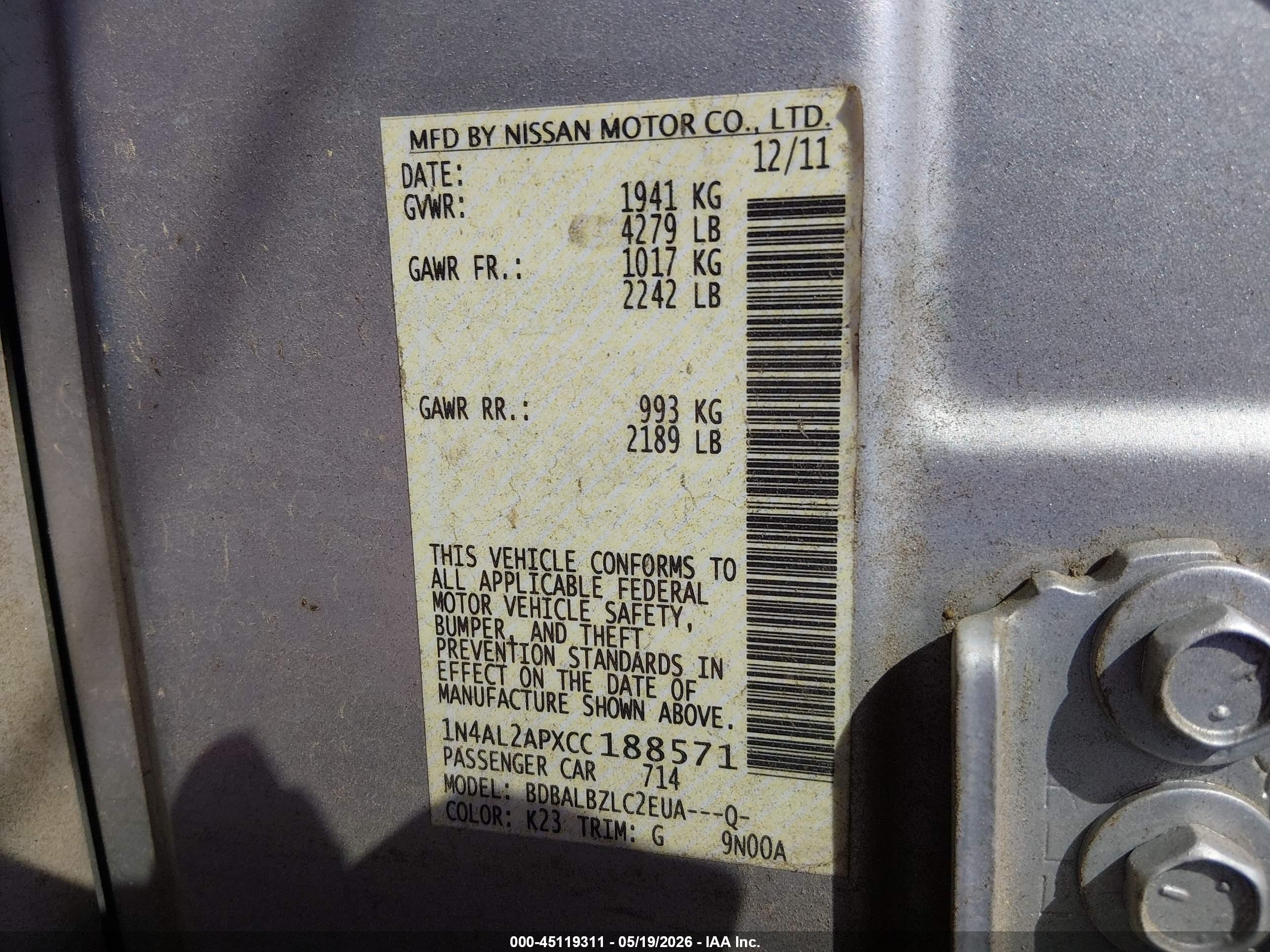 2012 Nissan Altima 2.5 S Silver vin: 1N4AL2APXCC188571