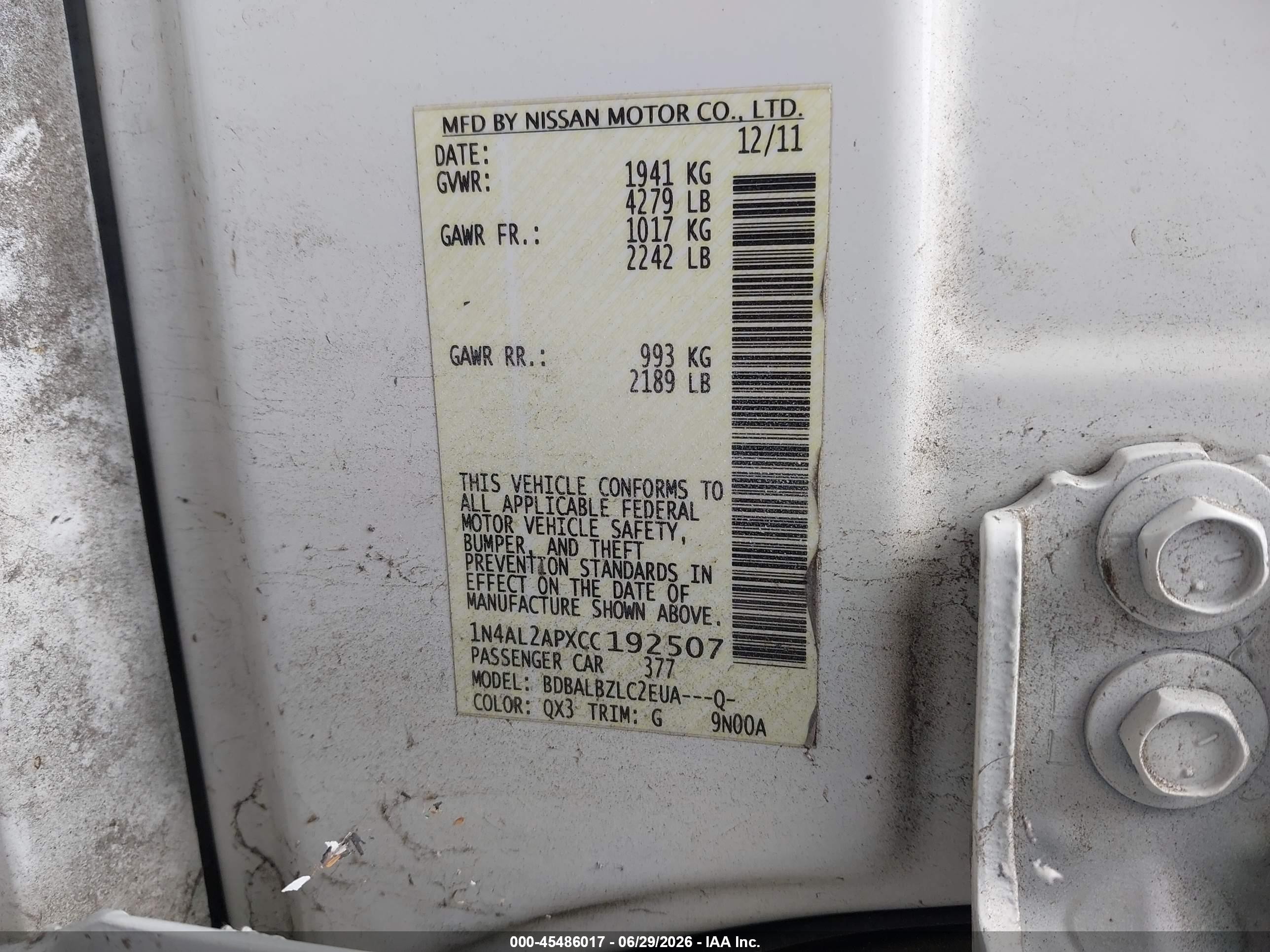 2012 Nissan Altima 2.5 S White vin: 1N4AL2APXCC192507