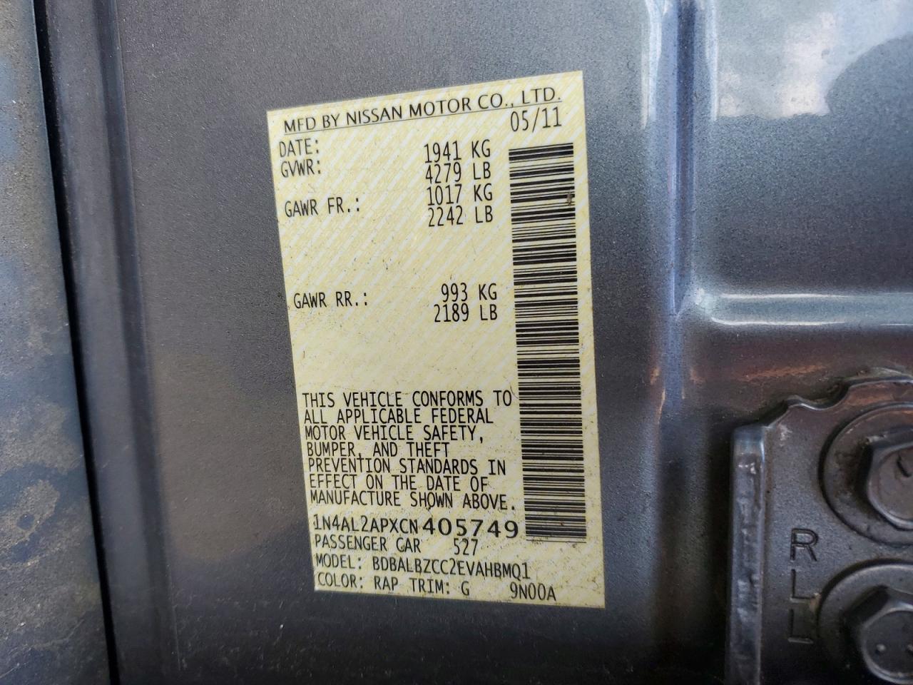 2012 Nissan Altima Base/s Blue vin: 1N4AL2APXCN405749
