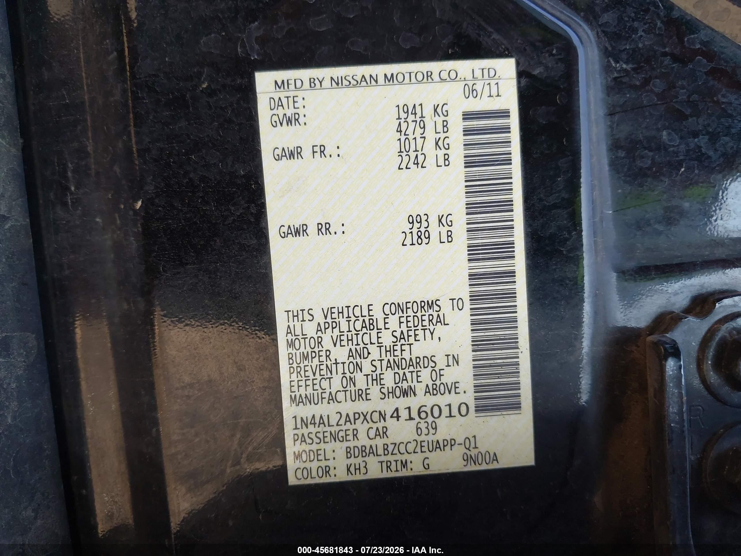 2012 Nissan Altima 2.5 S Black vin: 1N4AL2APXCN416010
