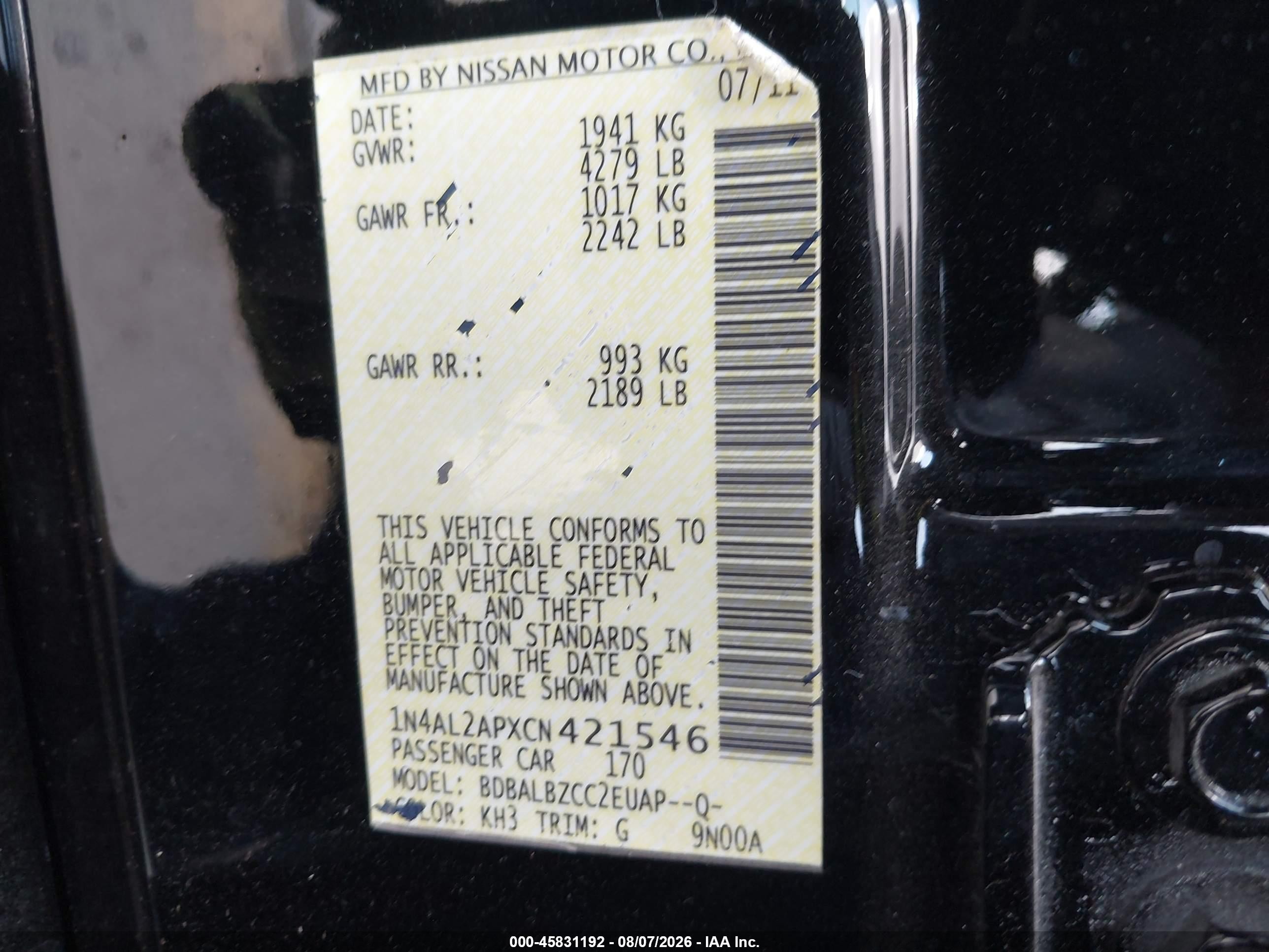 2012 Nissan Altima 2.5 S Black vin: 1N4AL2APXCN421546
