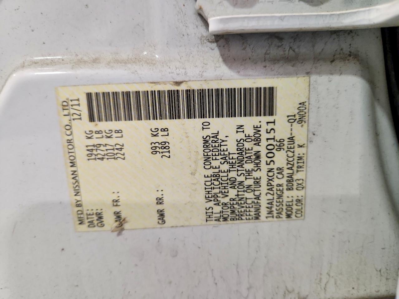 2012 Nissan Altima 2.5 White vin: 1N4AL2APXCN500151