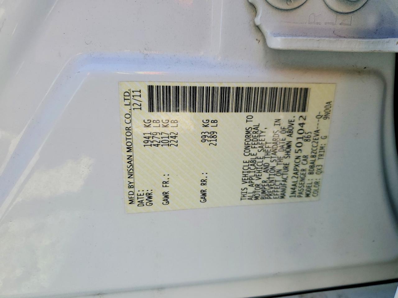 2012 Nissan Altima 2.5 Белый vin: 1N4AL2APXCN501042