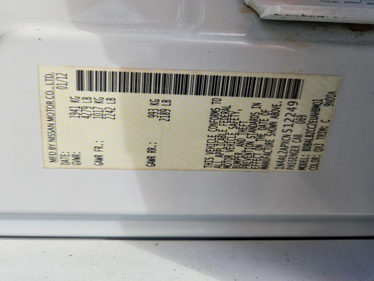 2012 Nissan Altima 2.5 White vin: 1N4AL2APXCN512249