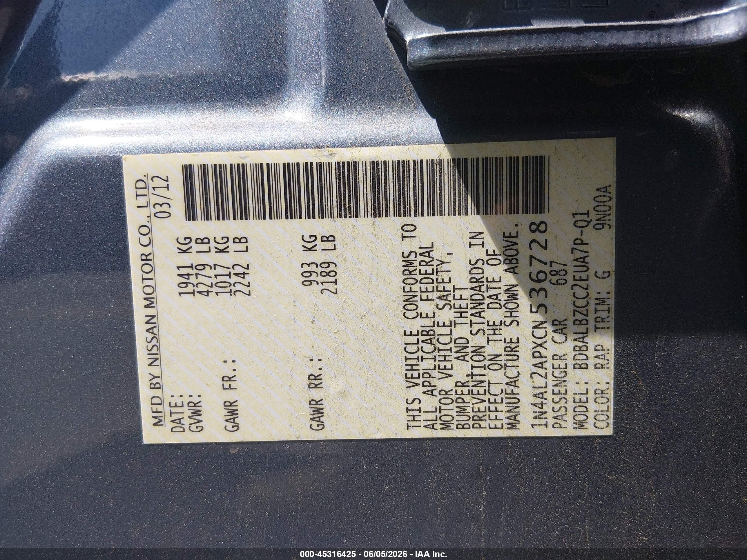 2012 Nissan Altima 2.5 S Gray vin: 1N4AL2APXCN536728
