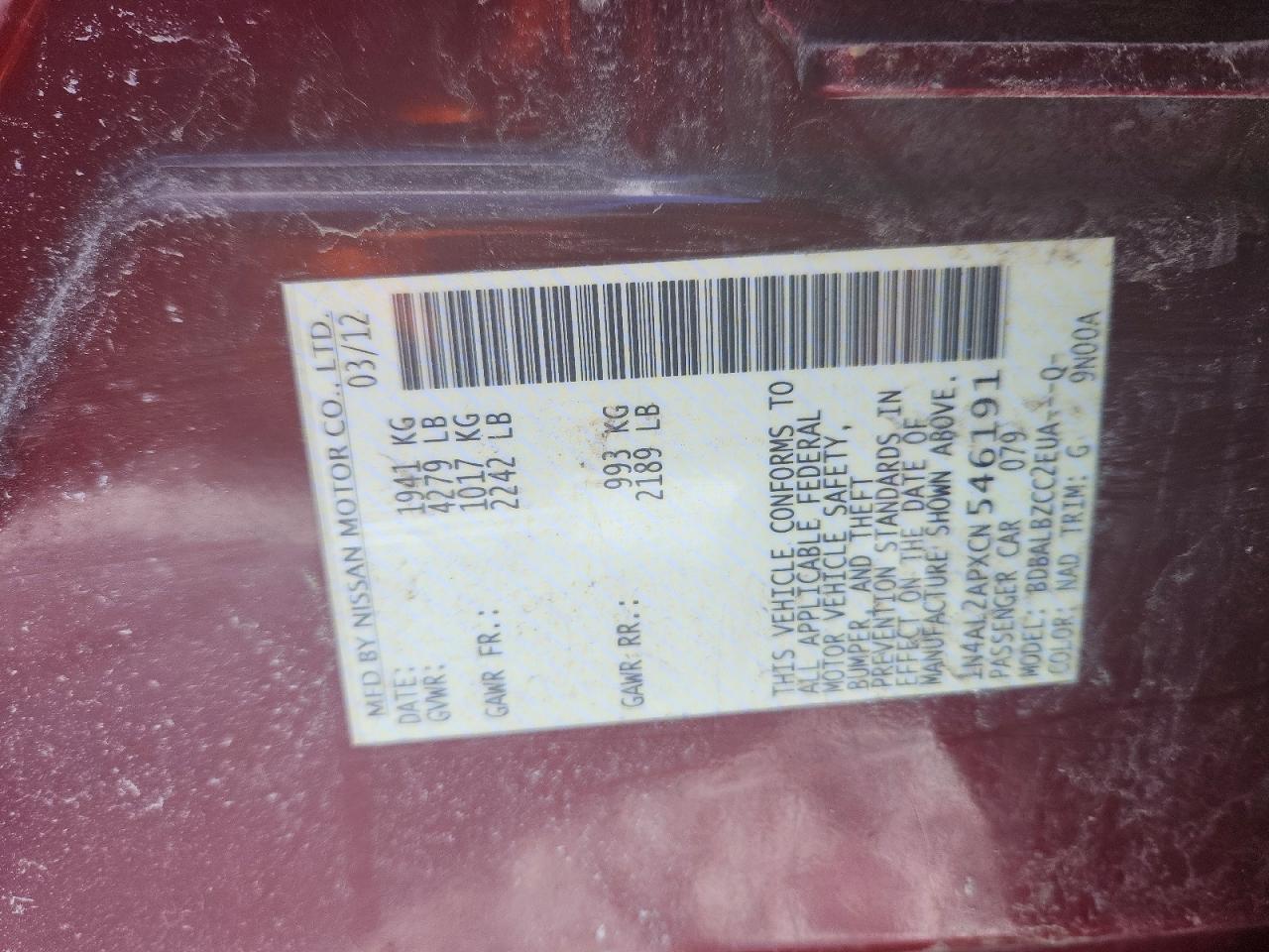 2012 Nissan Altima Base Maroon vin: 1N4AL2APXCN546191