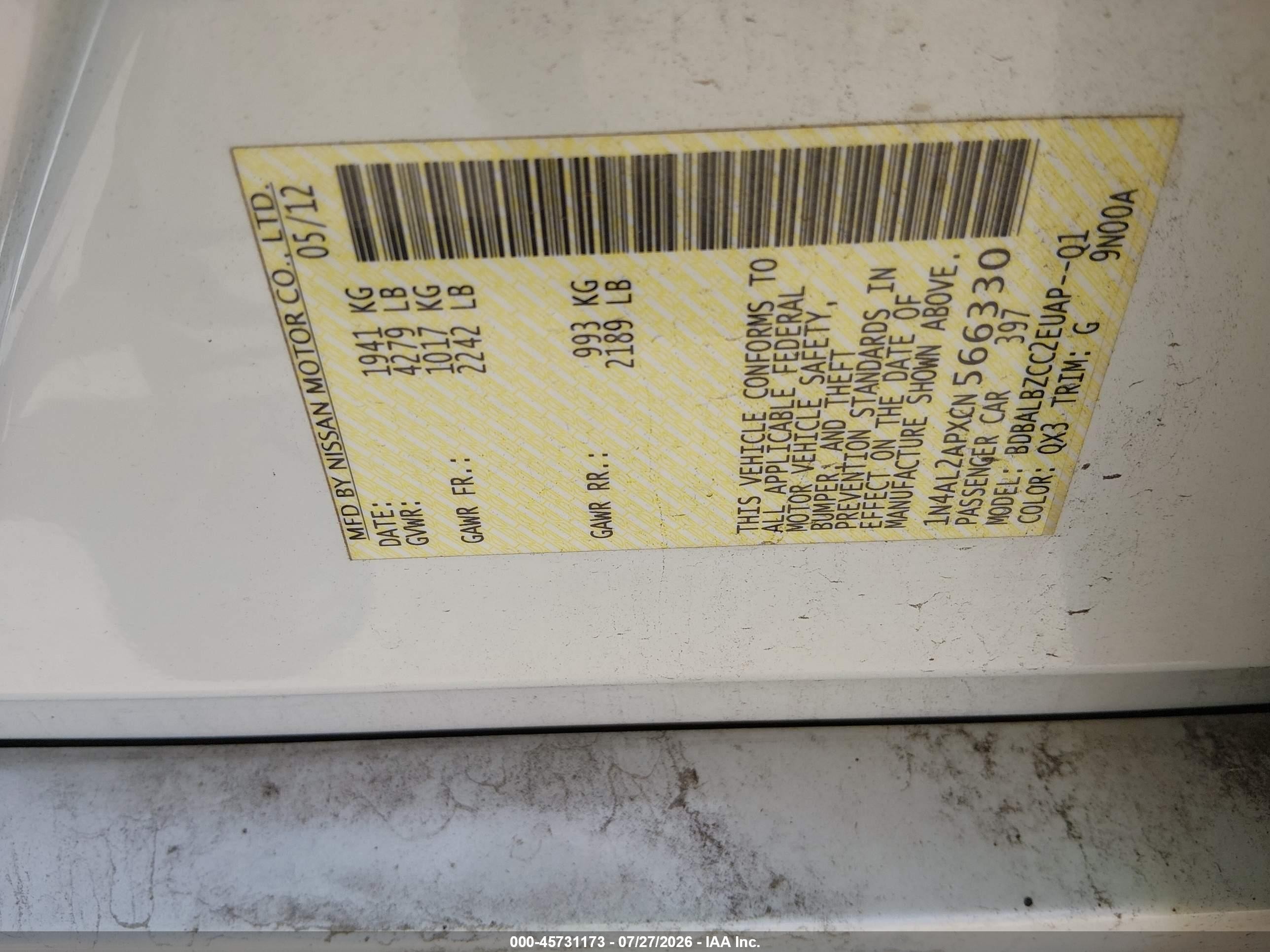 2012 Nissan Altima 2.5 S White vin: 1N4AL2APXCN566330