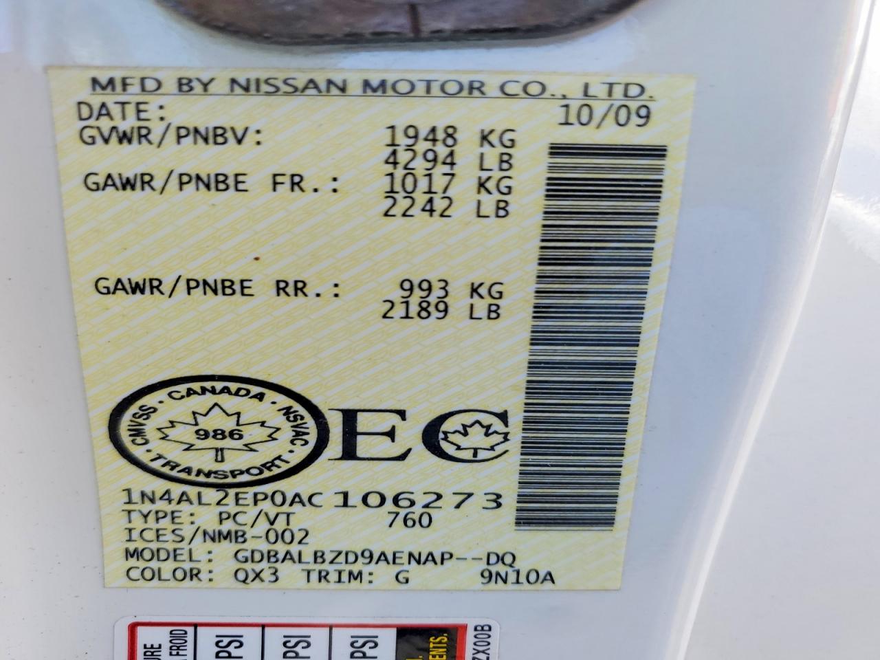 2010 Nissan Altima S White vin: 1N4AL2EP0AC106273