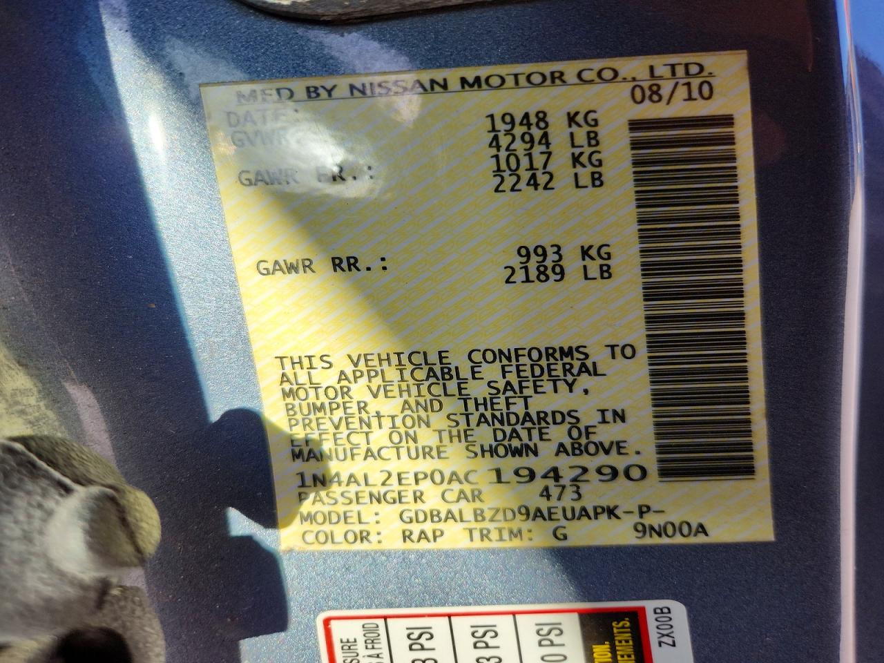 2010 Nissan Altima S Gray vin: 1N4AL2EP0AC194290