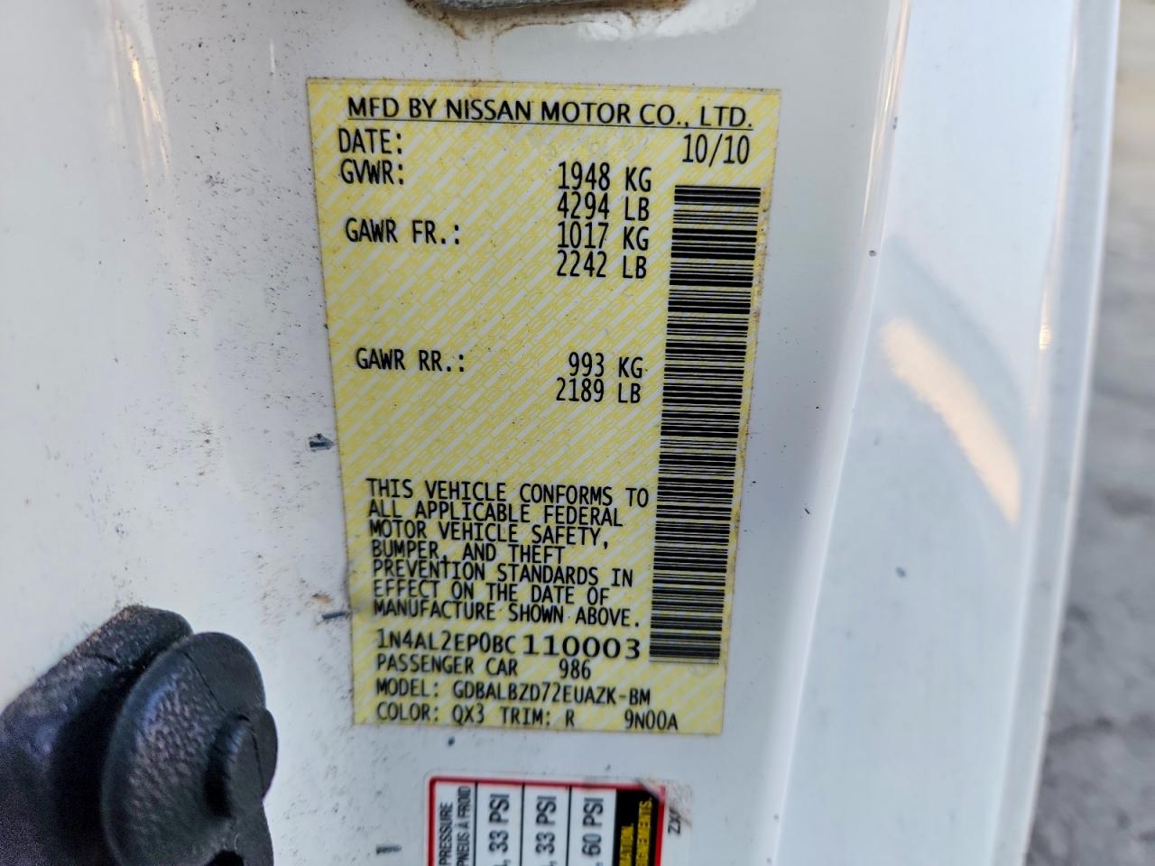 2011 Nissan Altima S White vin: 1N4AL2EP0BC110003