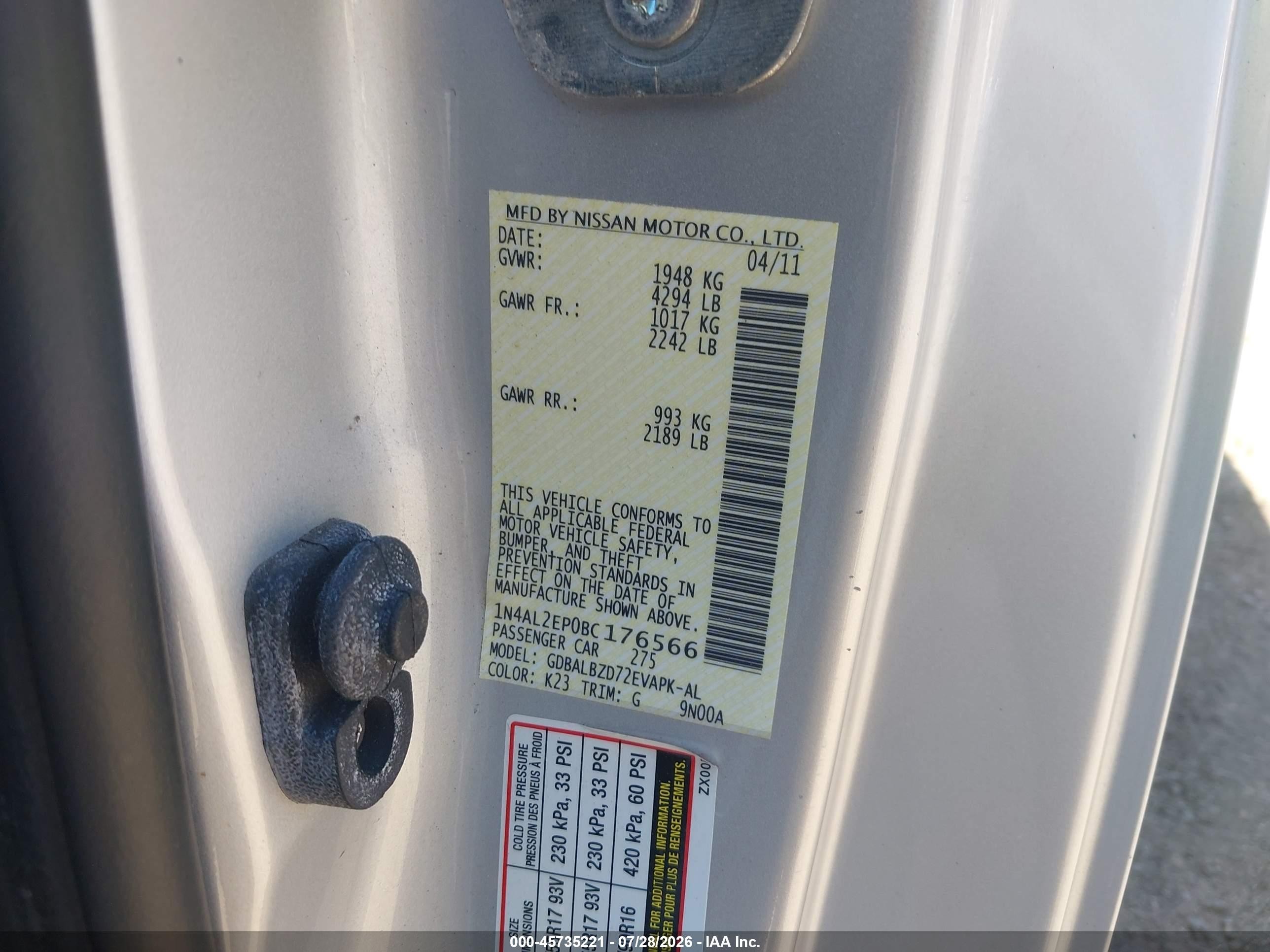 2011 Nissan Altima 2.5 S Silver vin: 1N4AL2EP0BC176566
