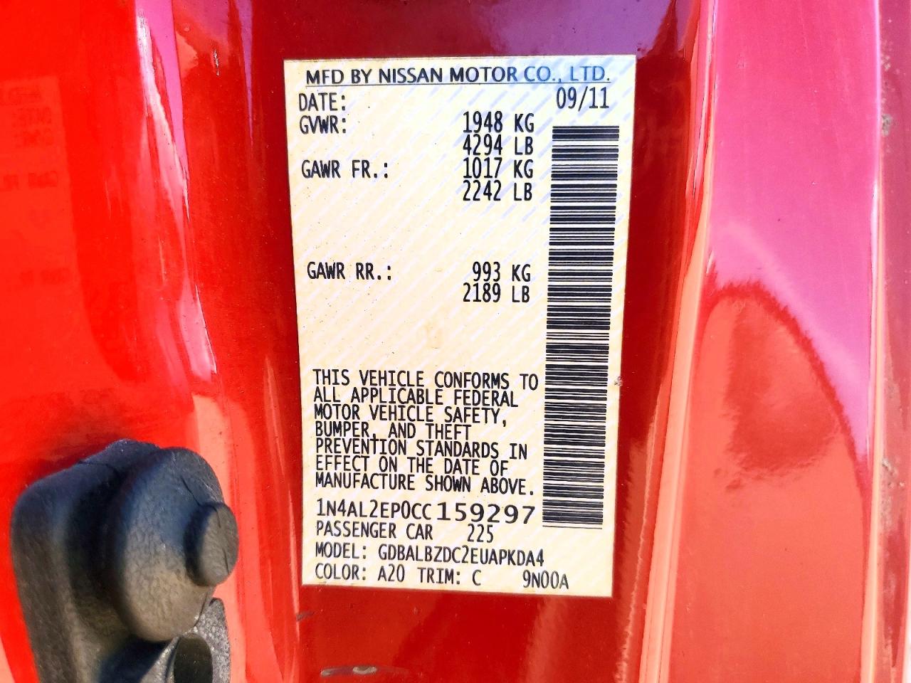 2012 Nissan Altima Red vin: 1N4AL2EP0CC159297