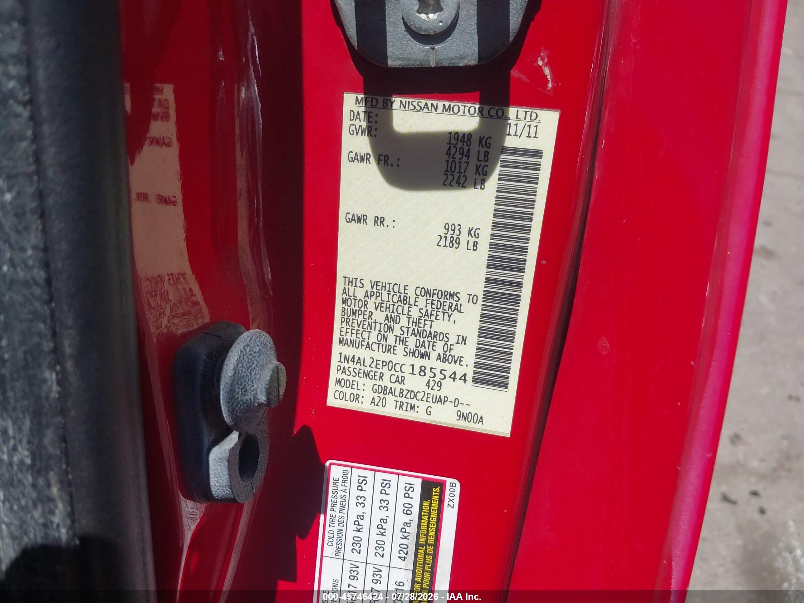 2012 Nissan Altima 2.5 S Красный vin: 1N4AL2EP0CC185544