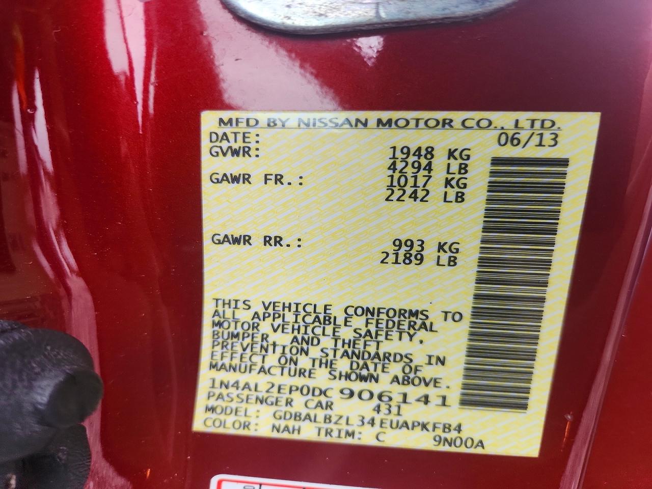 2013 Nissan Altima S Burgundy vin: 1N4AL2EP0DC906141