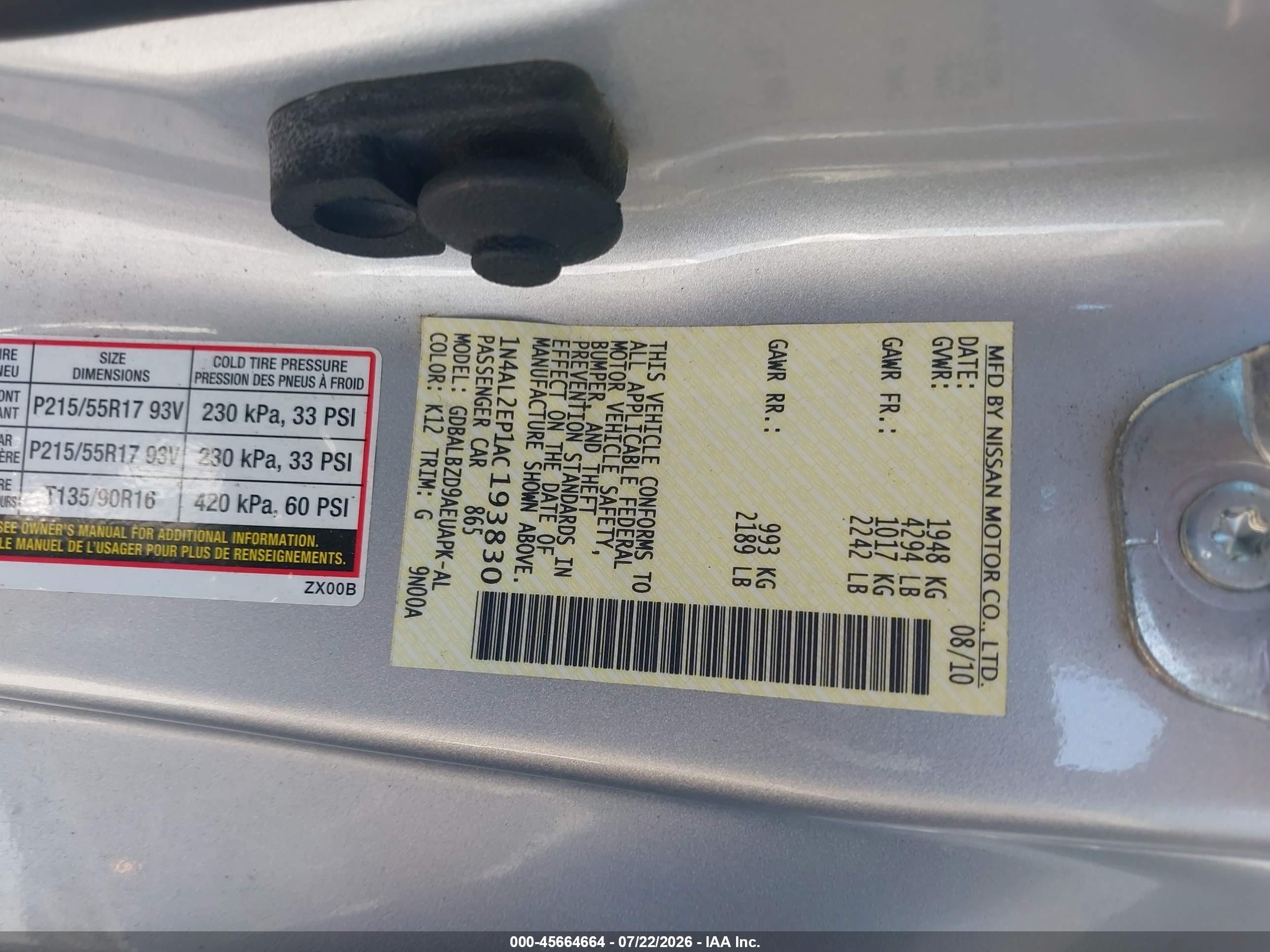 2010 Nissan Altima 2.5 S Silver vin: 1N4AL2EP1AC193830