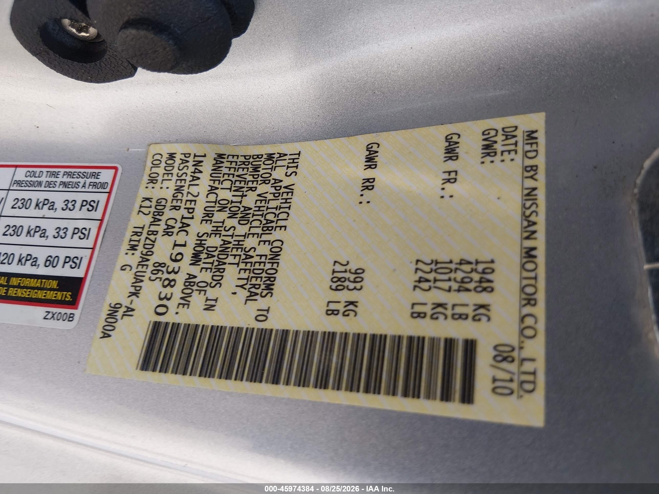 2010 Nissan Altima 2.5 S Silver vin: 1N4AL2EP1AC193830