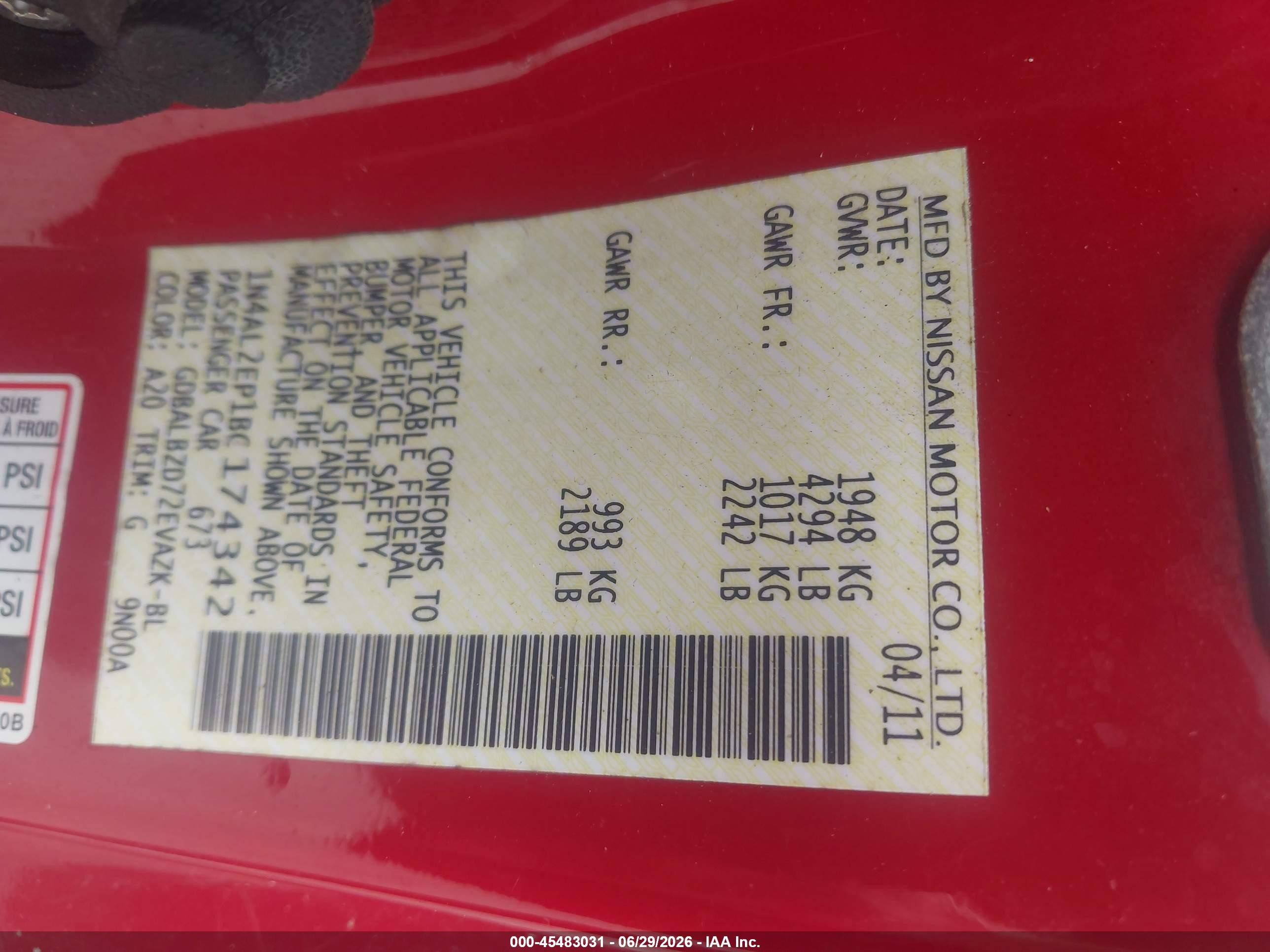 2011 Nissan Altima 2.5 S Red vin: 1N4AL2EP1BC174342