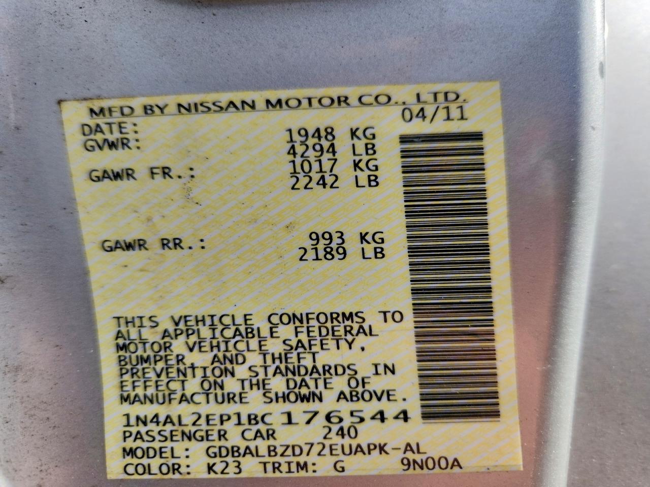 2011 Nissan Altima S Silver vin: 1N4AL2EP1BC176544