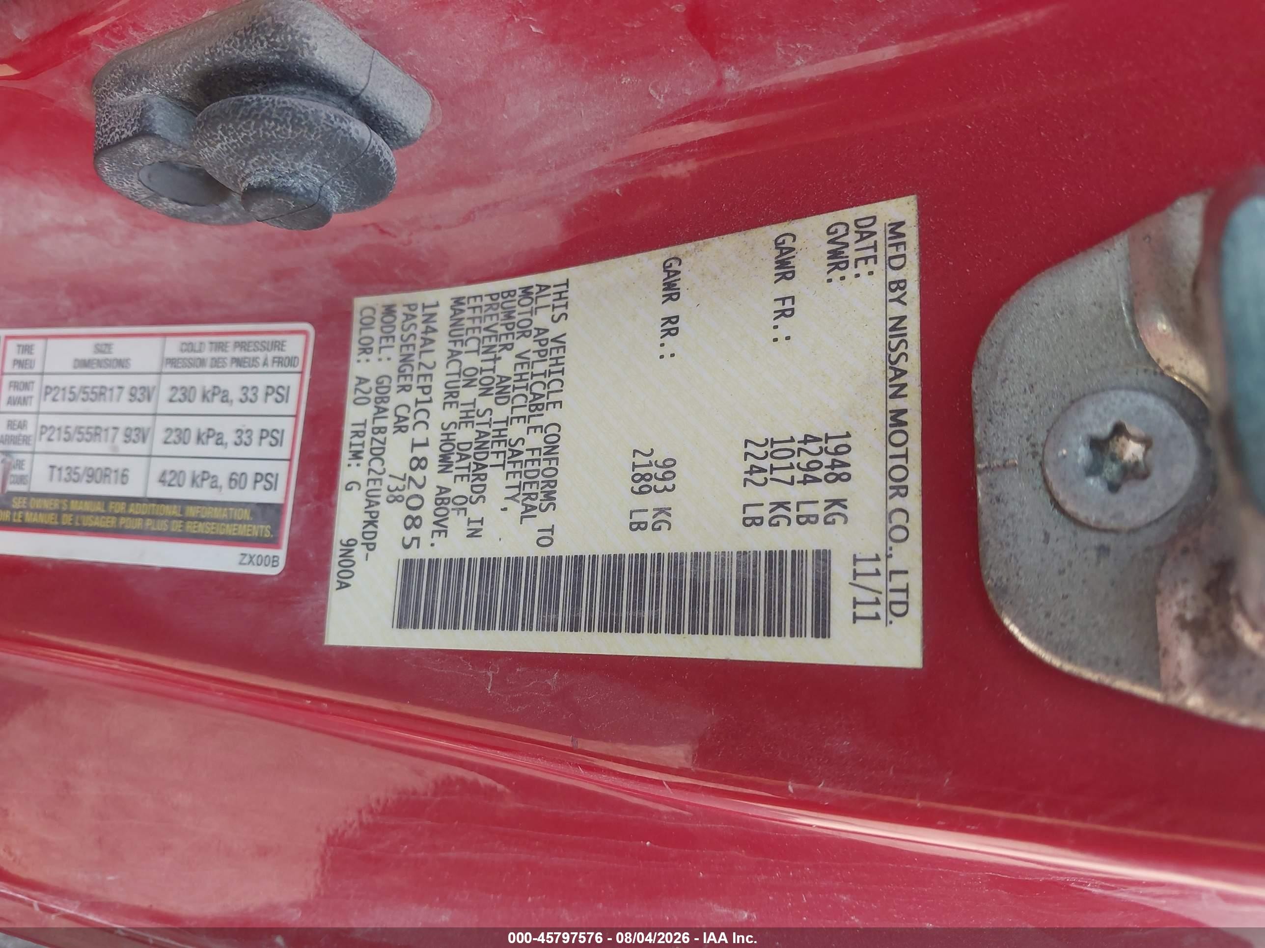 2012 Nissan Altima 2.5 S Red vin: 1N4AL2EP1CC182085