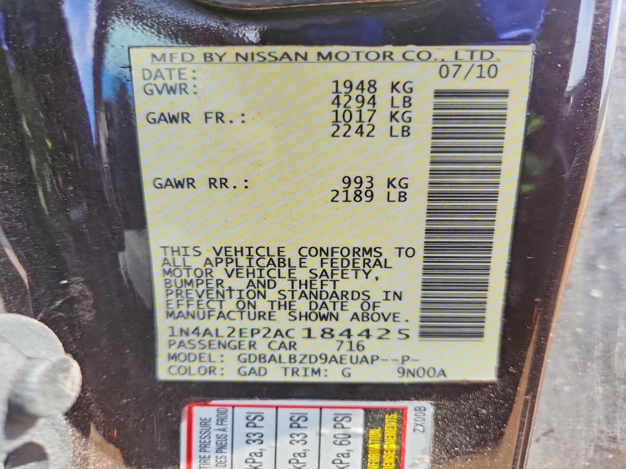 2010 Nissan Altima S Purple vin: 1N4AL2EP2AC184425
