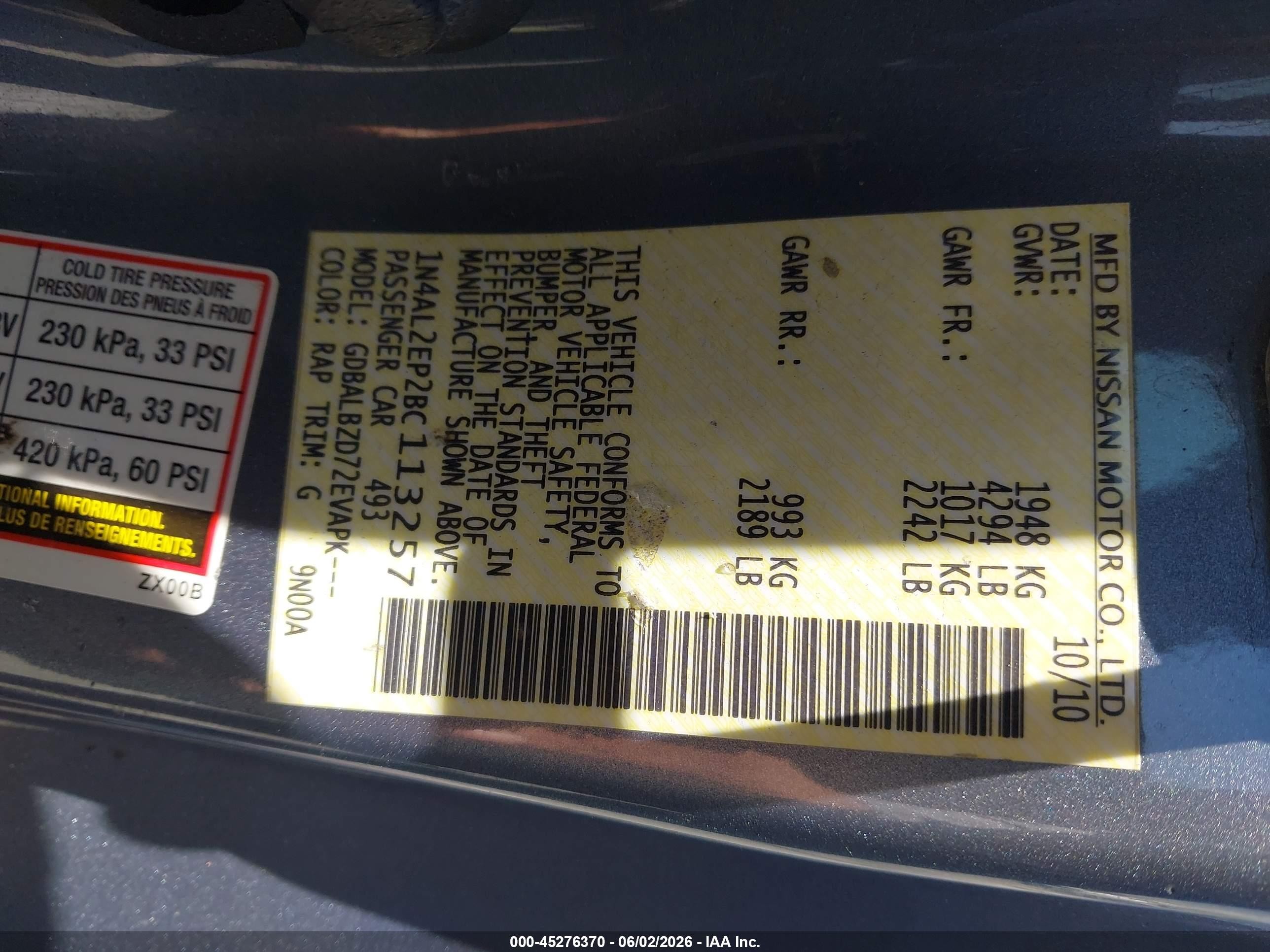 2011 Nissan Altima 2.5 S Blue vin: 1N4AL2EP2BC113257