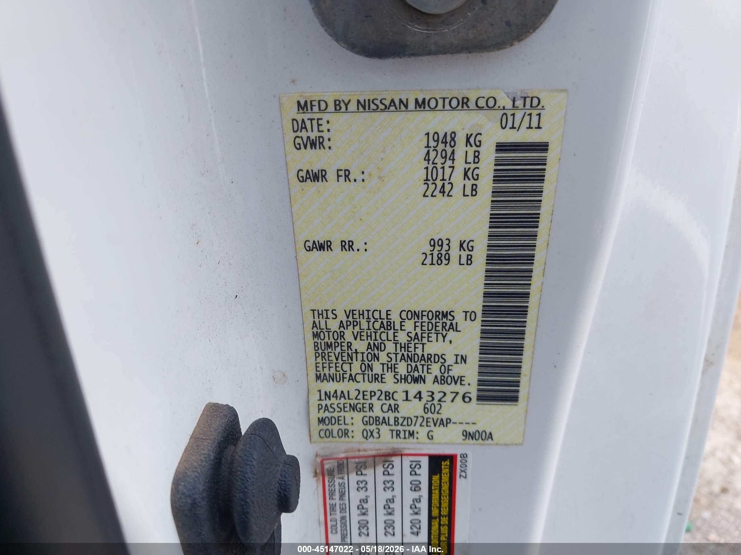 2011 Nissan Altima 2.5 S White vin: 1N4AL2EP2BC143276