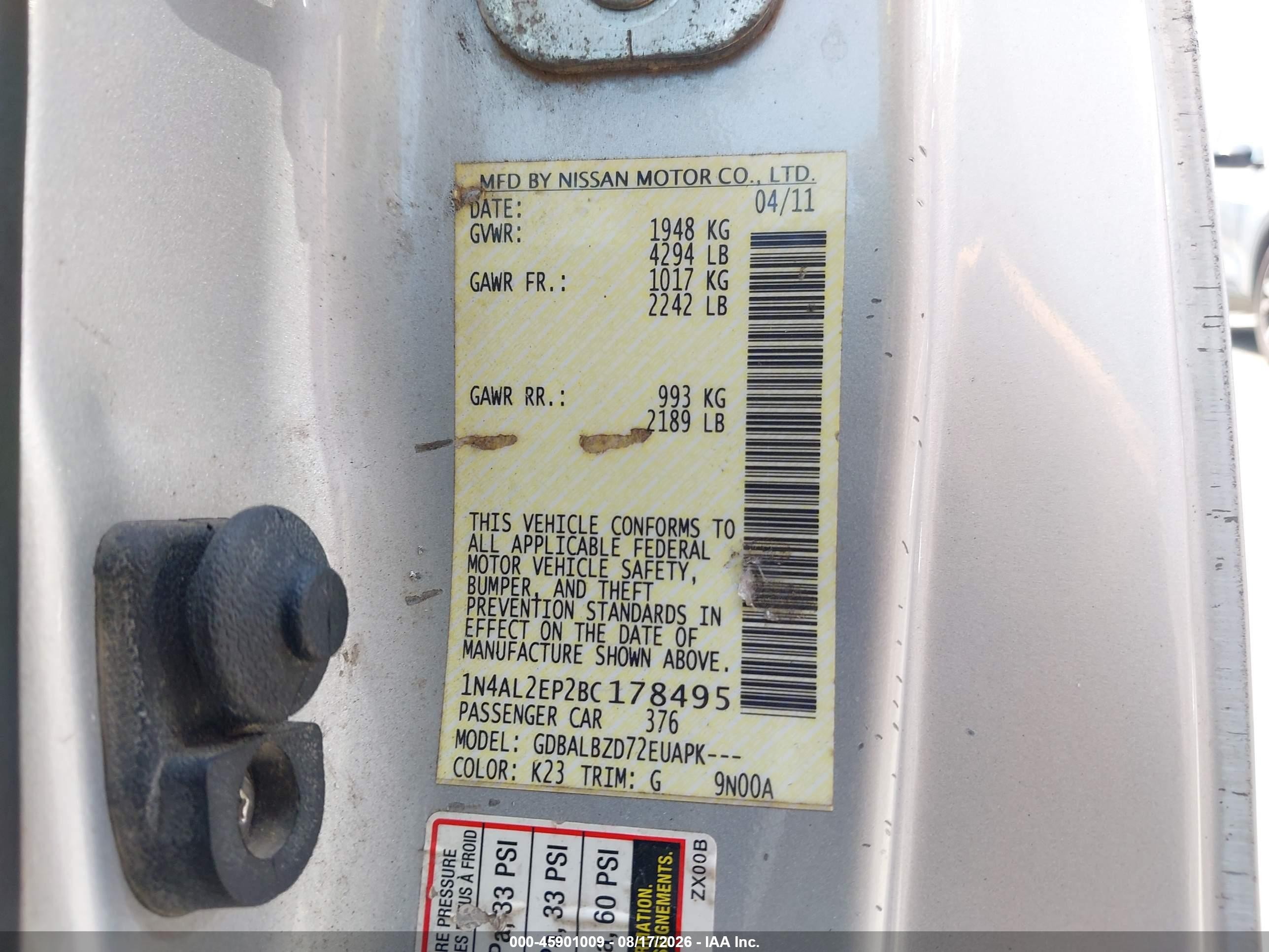 2011 Nissan Altima 2.5 S Silver vin: 1N4AL2EP2BC178495