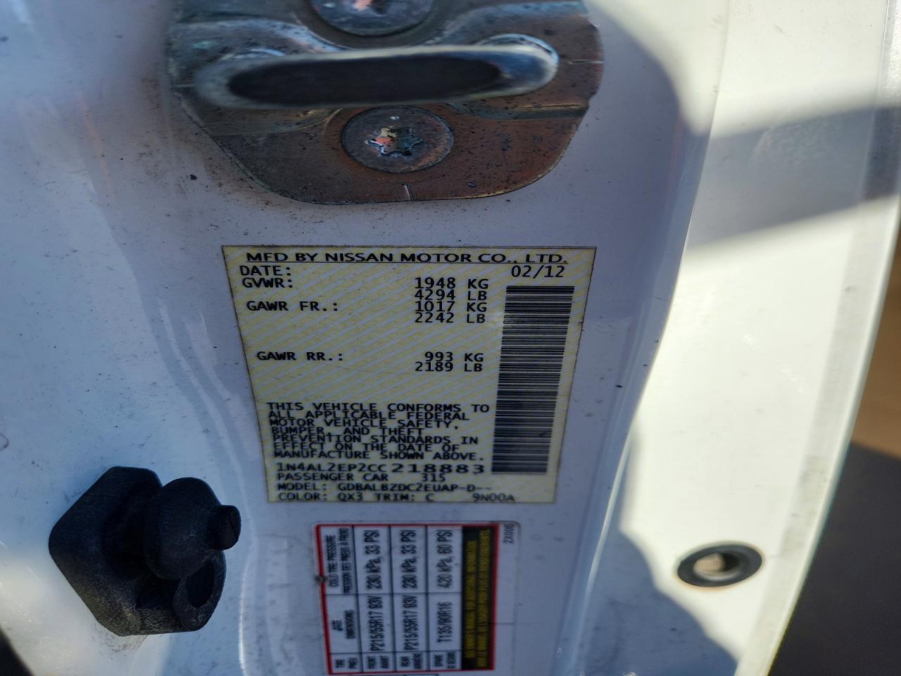 2012 Nissan Altima S White vin: 1N4AL2EP2CC218883