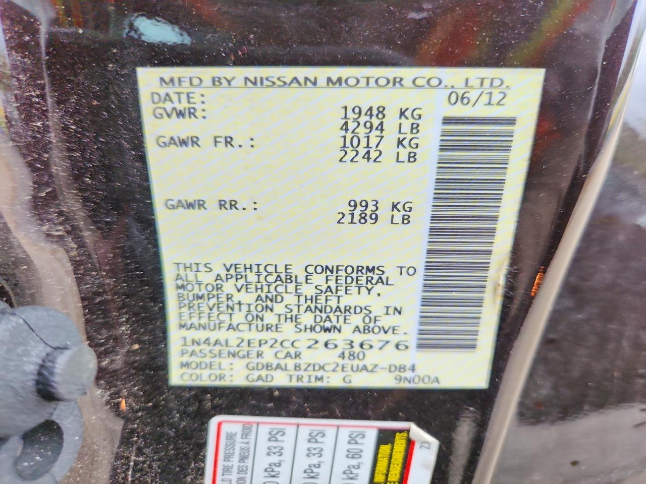 2012 Nissan Altima S Black vin: 1N4AL2EP2CC263676
