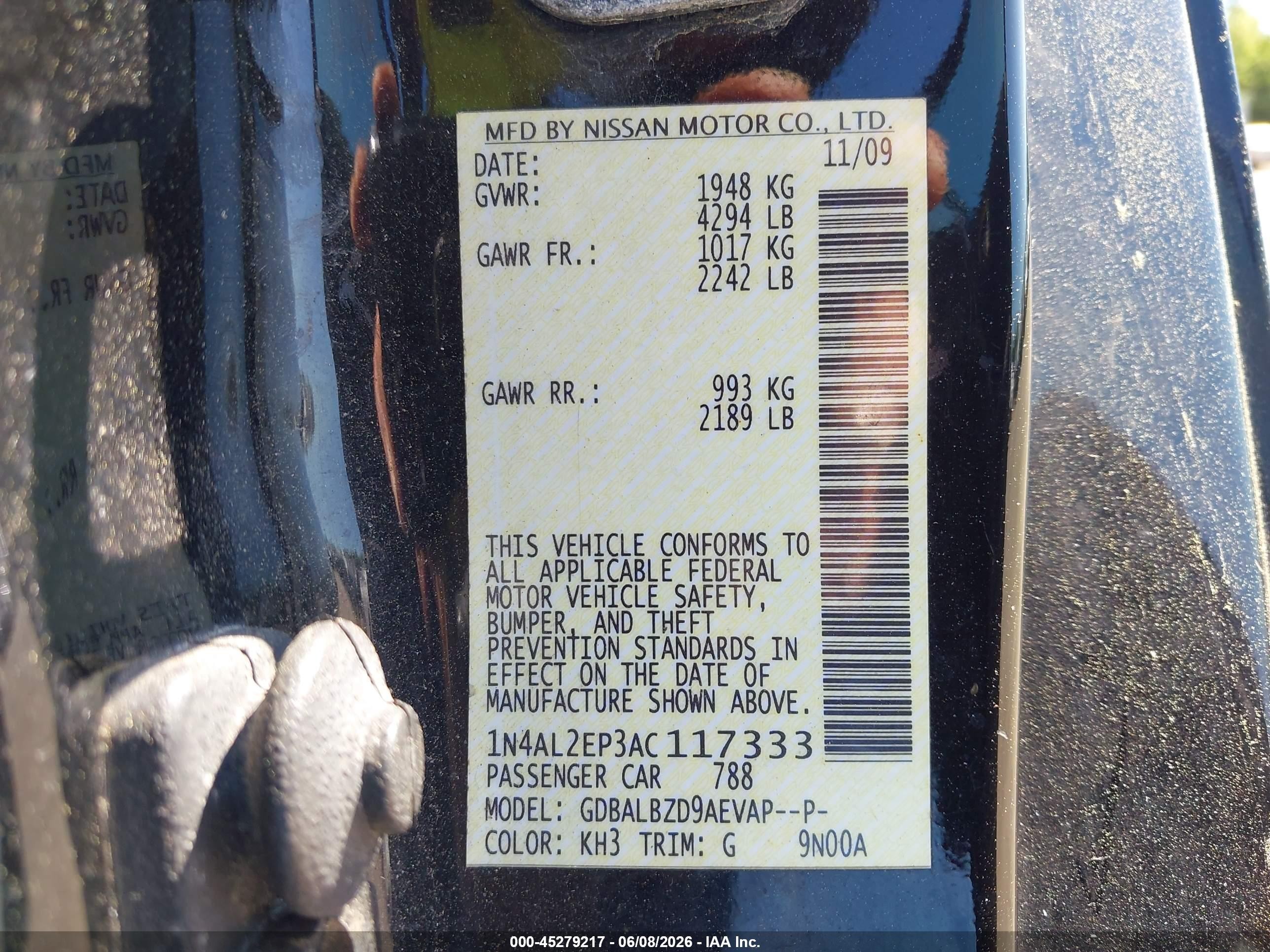 2010 Nissan Altima 2.5 S Black vin: 1N4AL2EP3AC117333