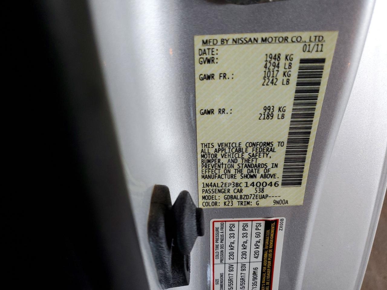 2011 Nissan Altima 2.5 S Silver vin: 1N4AL2EP3BC140046