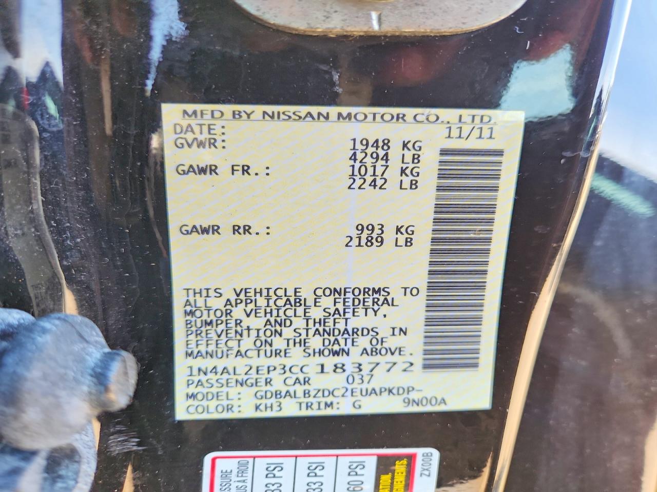 2012 Nissan Altima S Black vin: 1N4AL2EP3CC183772