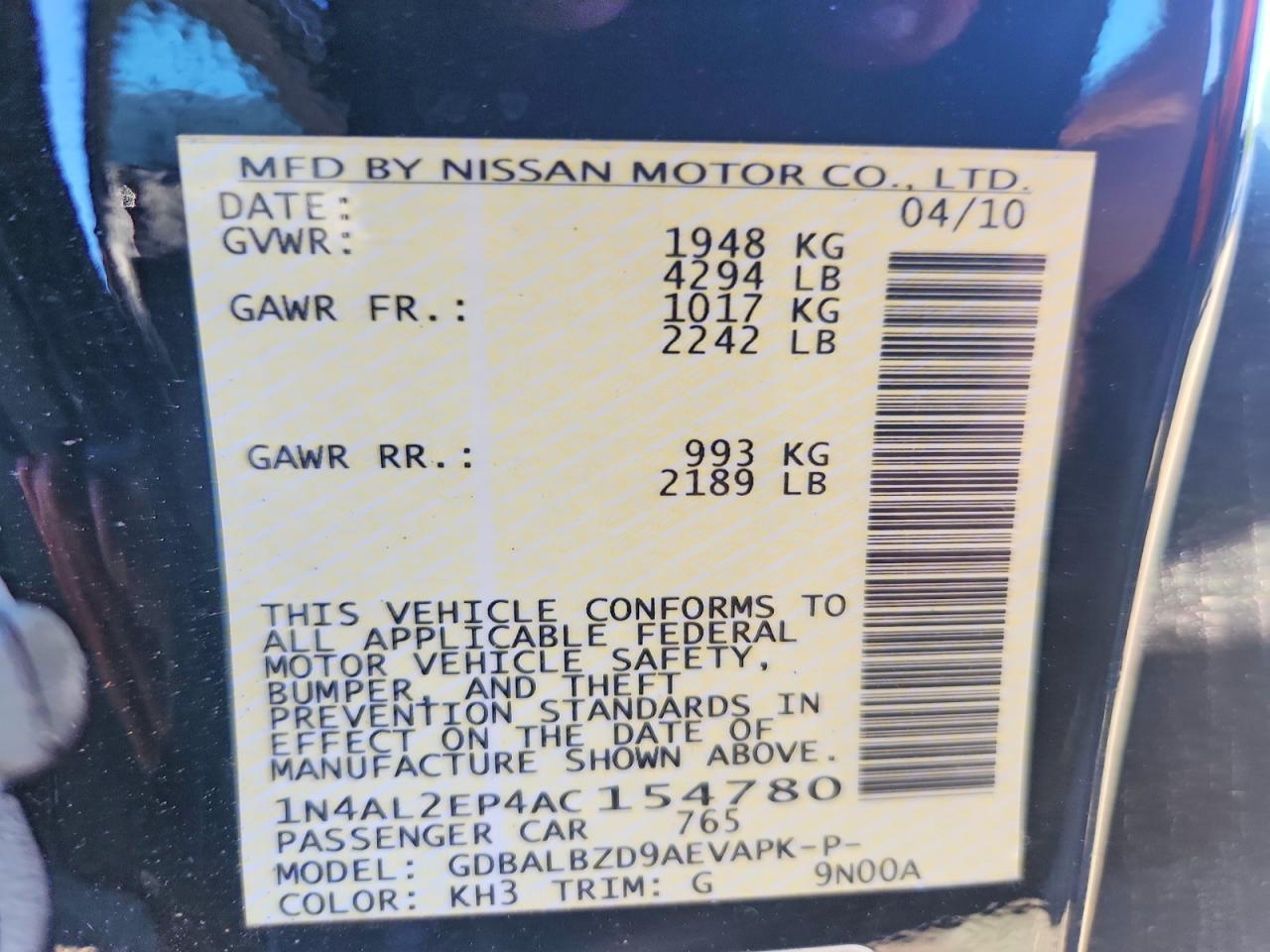 2010 Nissan Altima S Black vin: 1N4AL2EP4AC154780