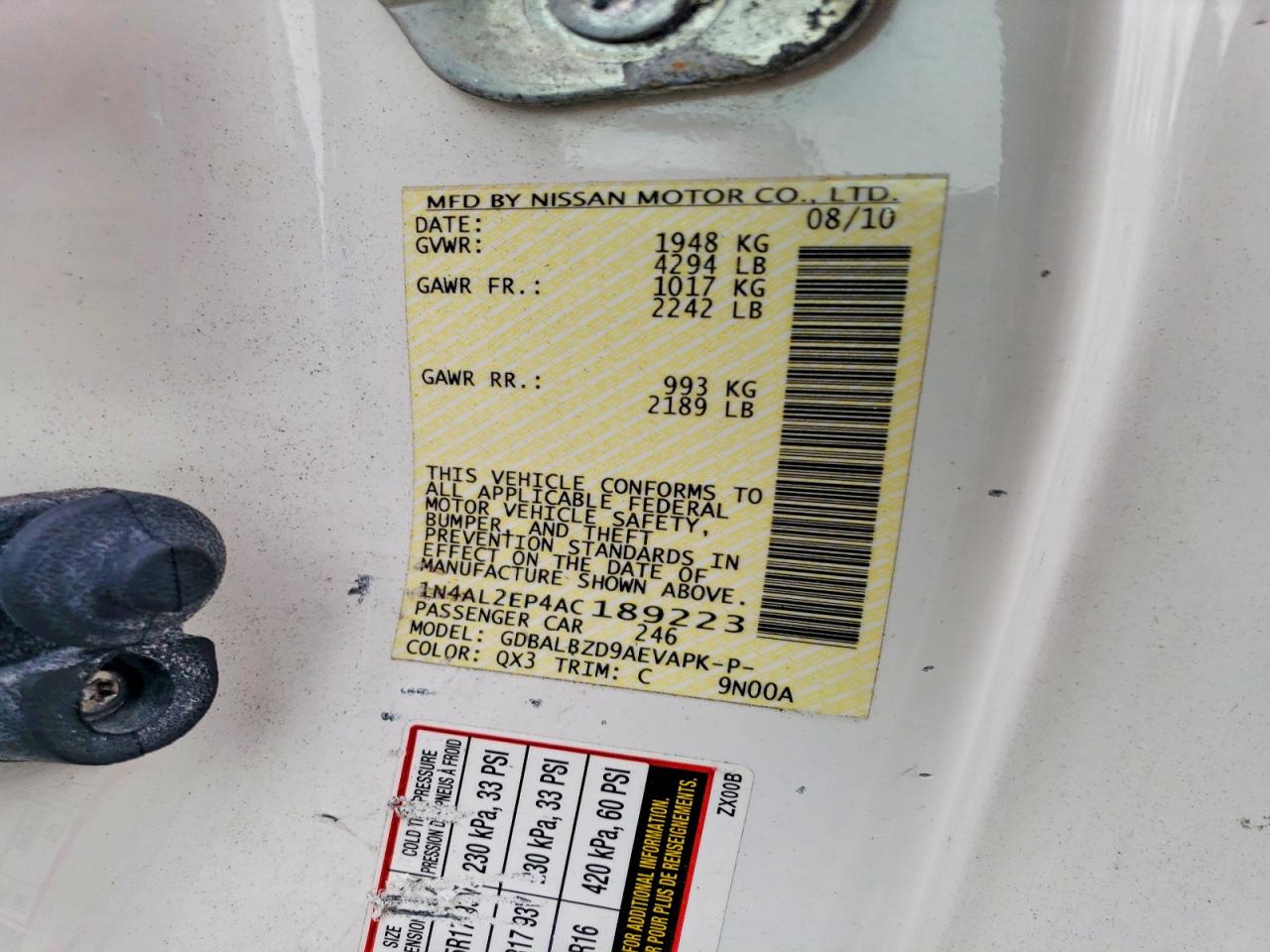 2010 Nissan Altima S White vin: 1N4AL2EP4AC189223