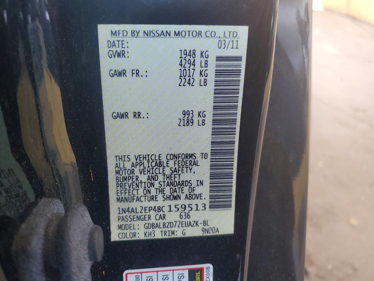 2011 Nissan Altima 2.5 S Black vin: 1N4AL2EP4BC159513